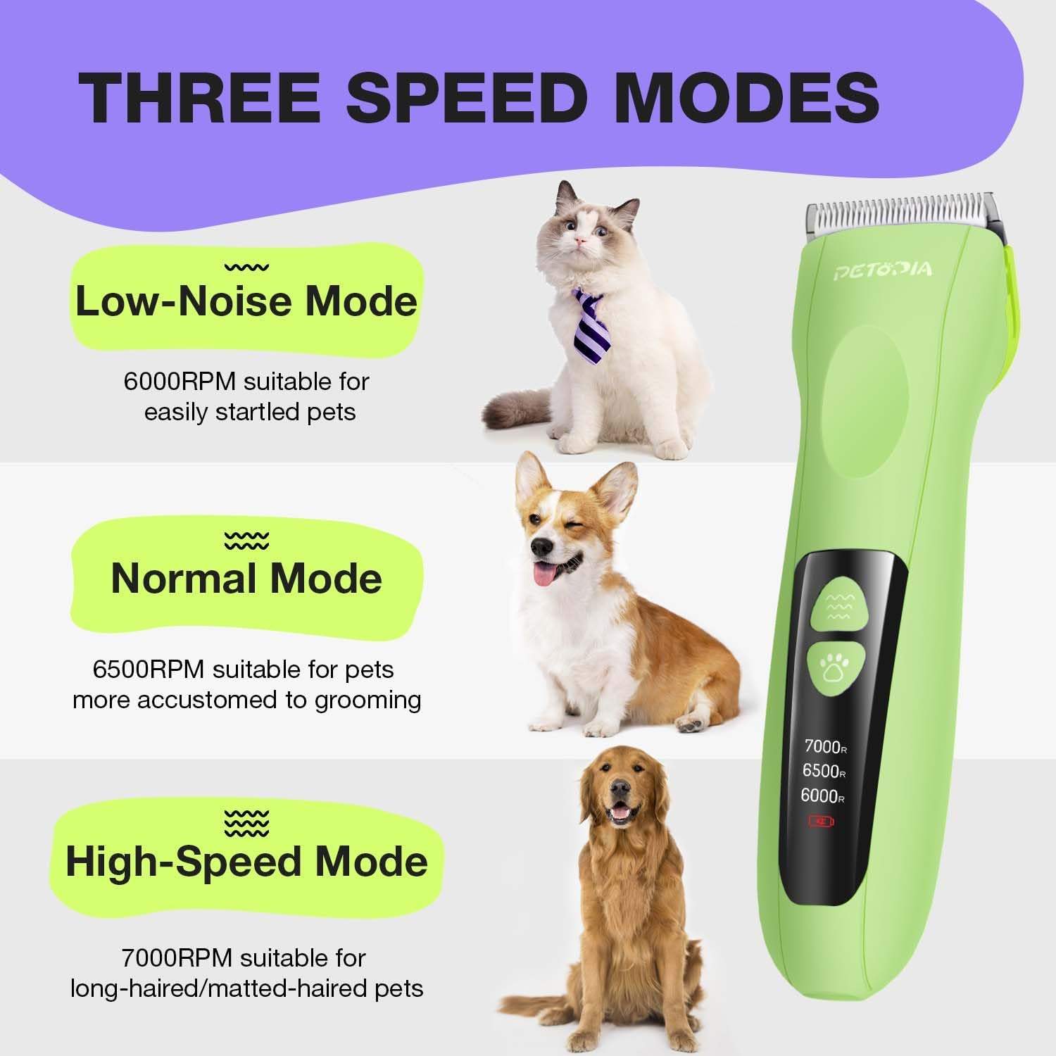 Dog Clippers for Grooming - Professional Cordless Dog Grooming Kit with Rechargeable Base, Low Noise Pet Shaver Quiet Clippers Set for Dogs Cats Thick Coats (Green) image number 1
