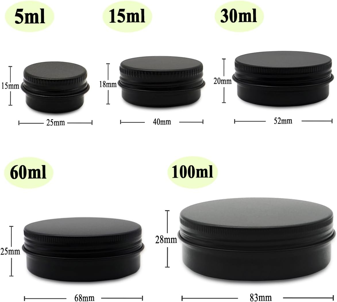 10Pack Aluminum Tin Jars 60Ml, 15Ml Black Empty Container, 30Ml Travel Makeup Tin 100G Pot, 2Oz Refillable Small Cosmetic Cans for DIY Cream Sample Powder Candle Tea Paint Slime (Mixed Size) image number 6