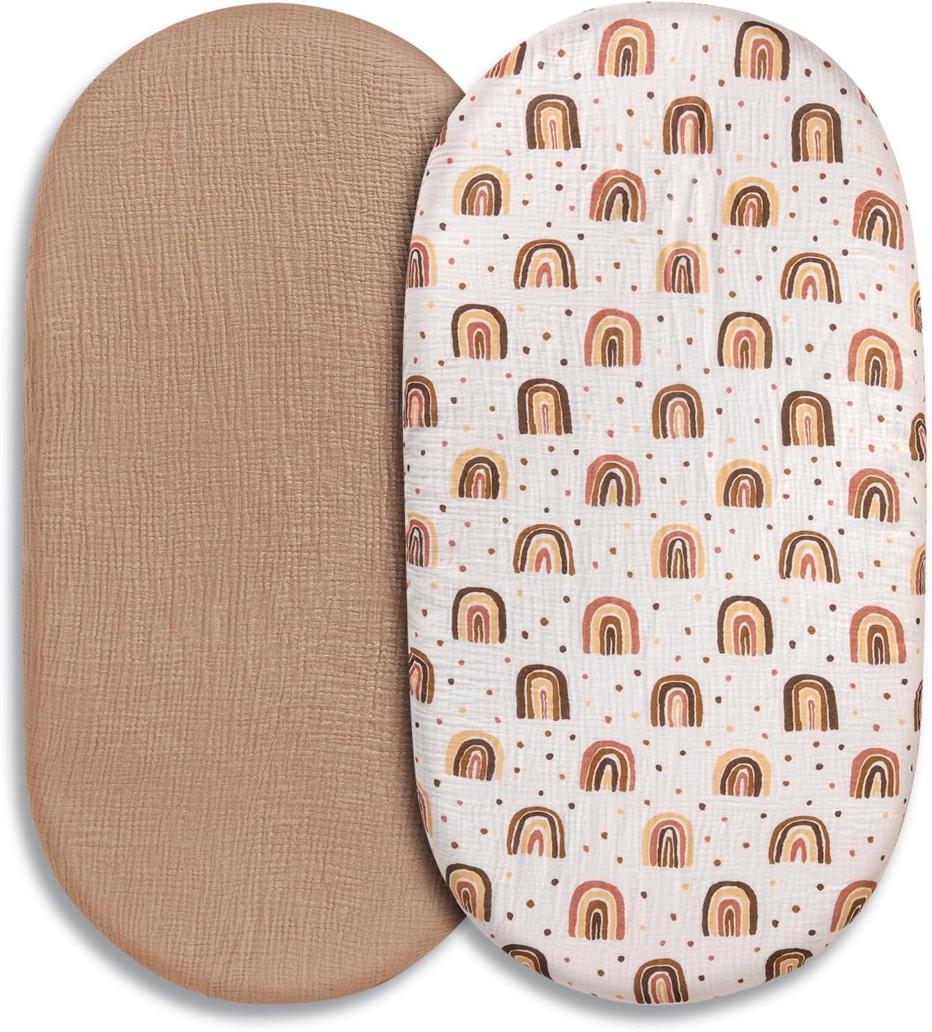 Muslin Bassinet Fitted Sheets, 2 Pack for Baby Boy and Girl, Soft Breathable Stretchy Baby Pad/Mattress Sheet Set, Universal Fit for Hourglass Oval and Rectangle Bassinet Mattress (Cute Rainbow)