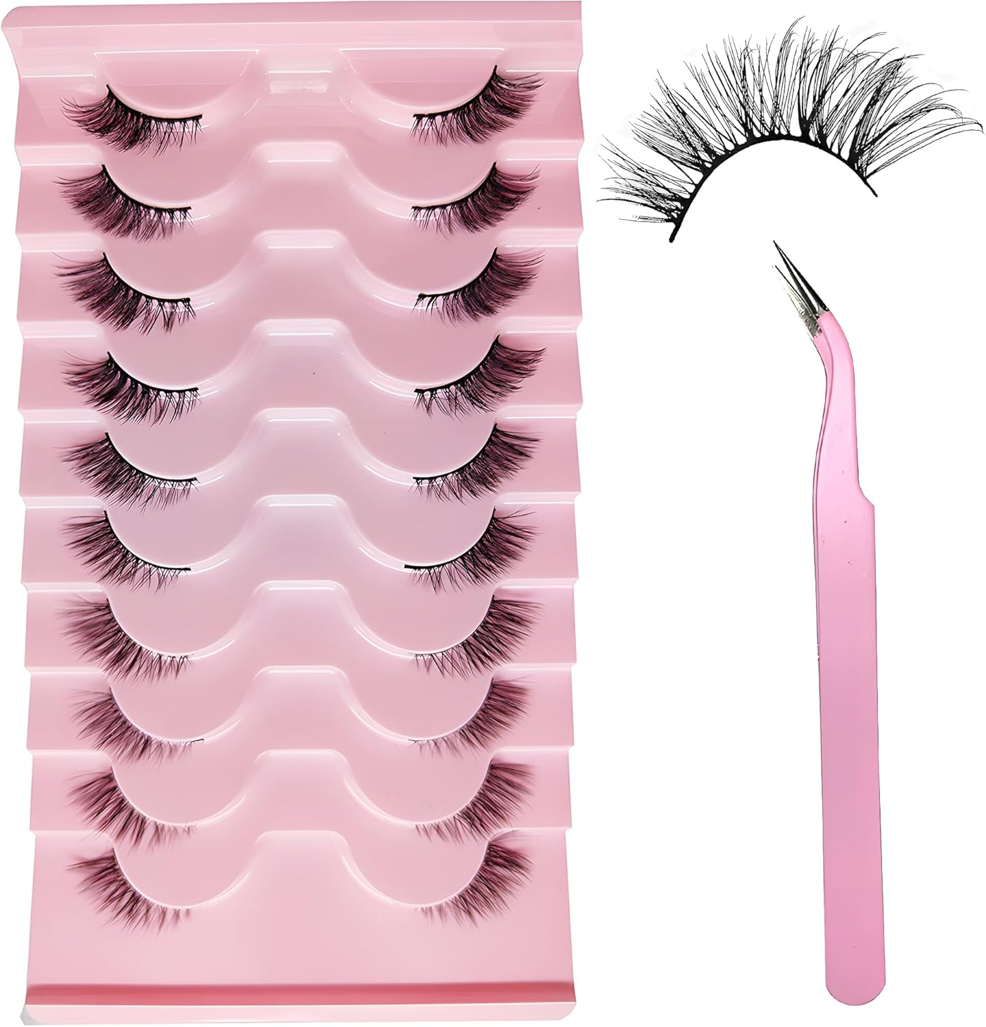 10 Pairs False Eyelashes with Tweezers - Half Lashes Natural Look, Reusable Cat Eye Lashes for Daily/Party/Diy Makeup, 10 Wear Styles, Clear Band & Wispy Demi Lashes (Beginners & Pros) image number 3