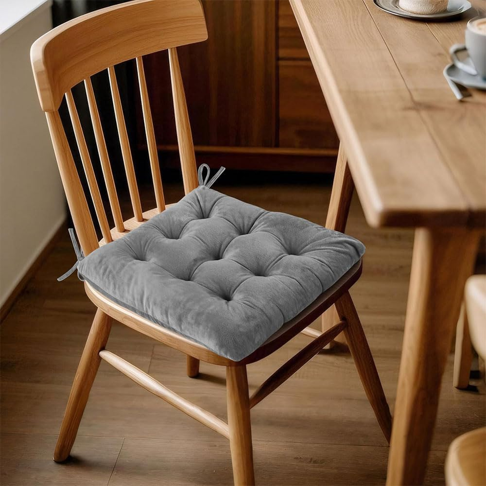 4 Pack Chair Cushions for Dining Chairs, Tufted Velvet Seat Pads with Ties, Soft Square Chair Pillows for Kitchen, Office, Desk & Living Room, Grey image number 2