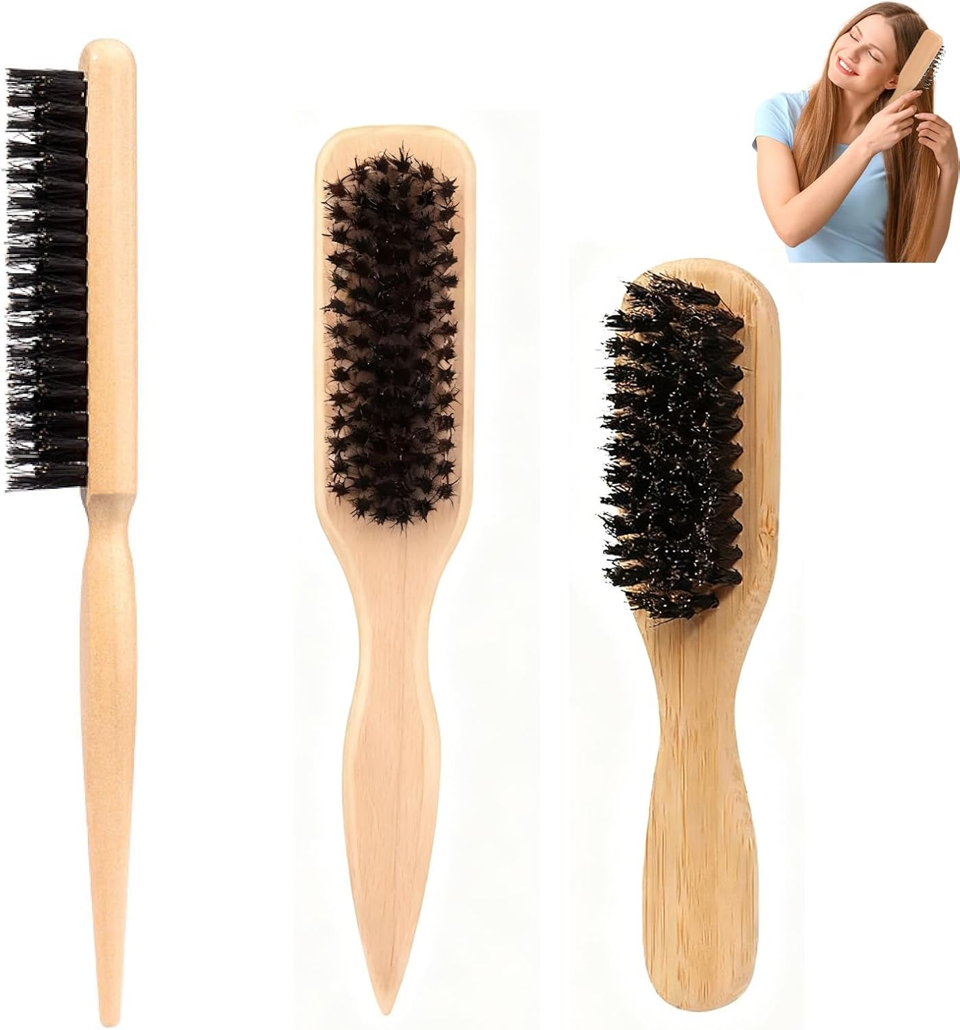 3 Pack Slick Back Hair Brush, Boar Bristle Hair Brush for Men & Women,Anti-Static Wooden Handle,Can Style,Manage,And Flatten Hair/Beard,Ideal for Sleek Styles, Wax Stick Application & Hair Parting image number 3