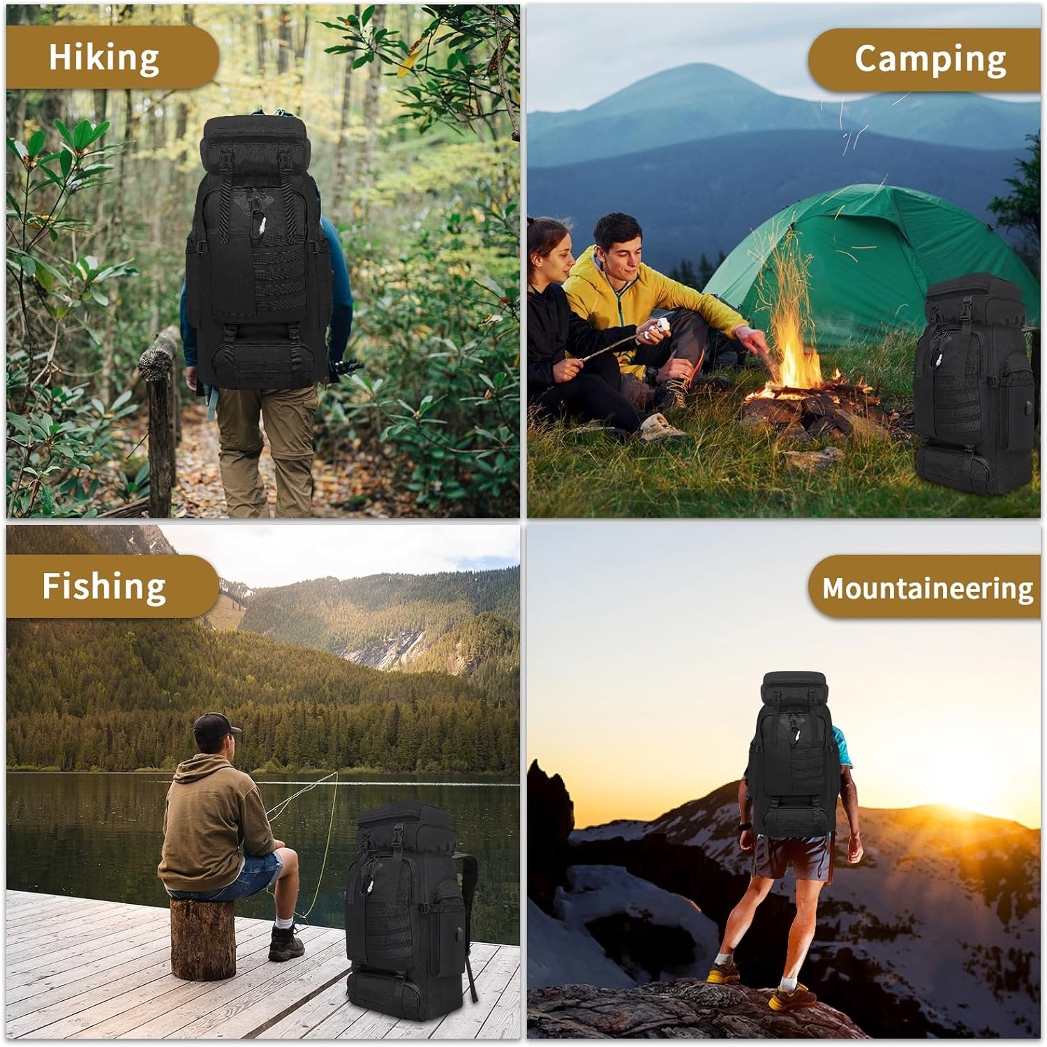 Dafape Men Women Hiking Backpack, 80 L Travel Daypack for Camping Outdoor Workout Cycling Sport Gym Large (Black) image number 2