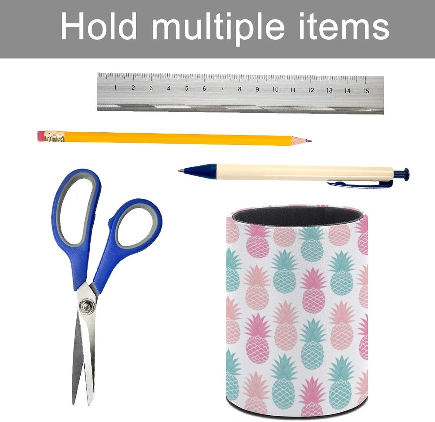 Quteprint round Pencil Holder for Desk, Colorful Summer Pineapple Pen Holder Desktop Pencil Pen Cups Pen Organizer Makeup Organizer Storage Box for Home Office Teacher, Leather image number 2