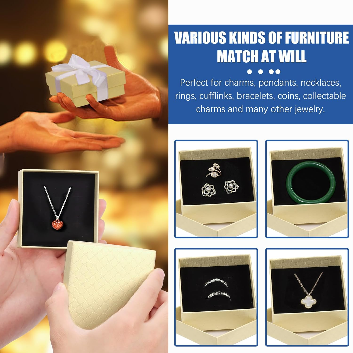 Glarks 17Pcs Champagne Color 2.95 X 2.95In Jewelry Gift Boxes with Pink Scissors and White Polyester Ribbon Set, Diamond Pattern Necklace Earring Bracelet Boxes Gift Case Ideal - Dark Blue image number 3