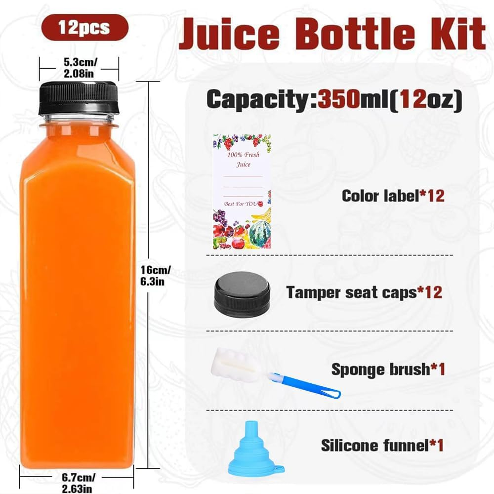 12Pcs Juice Bottles with Caps,350 ML Plastic Clear Reusable Water Bottle, Empty Juice Bottles for Juicing, Smoothie, Drinking and Other Beverages,Each Set Also Comes with a Brush, Funnel and Stickers