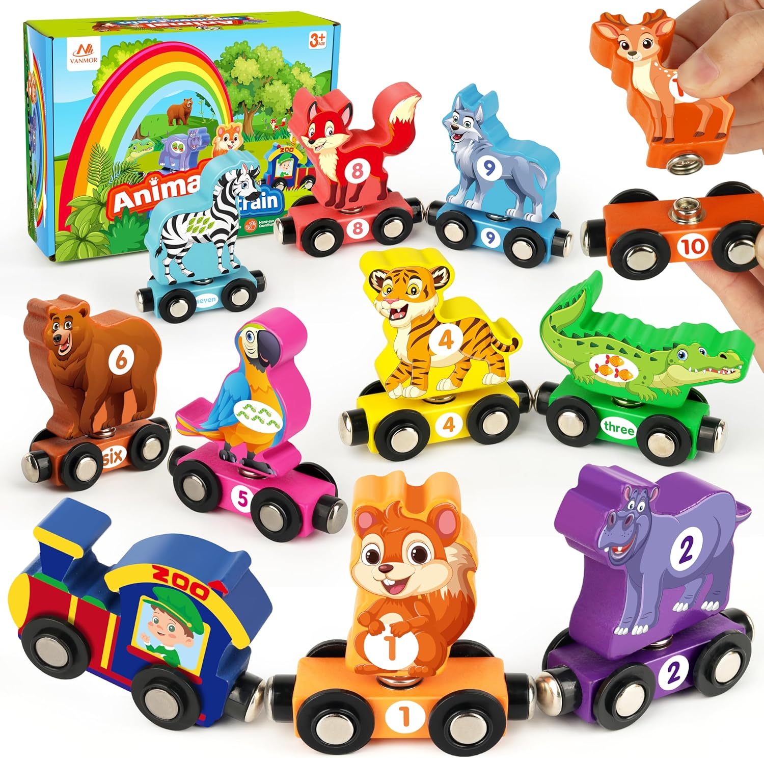 Vanmor Wooden Train Set with Animal Toys, Snap-Connection Animal Train, Matching and Magnetic Number Trains Learning Toys, Fine Motor Skill Educational Toy Gift Aged 3 4 5 Years Old Kids image number 3