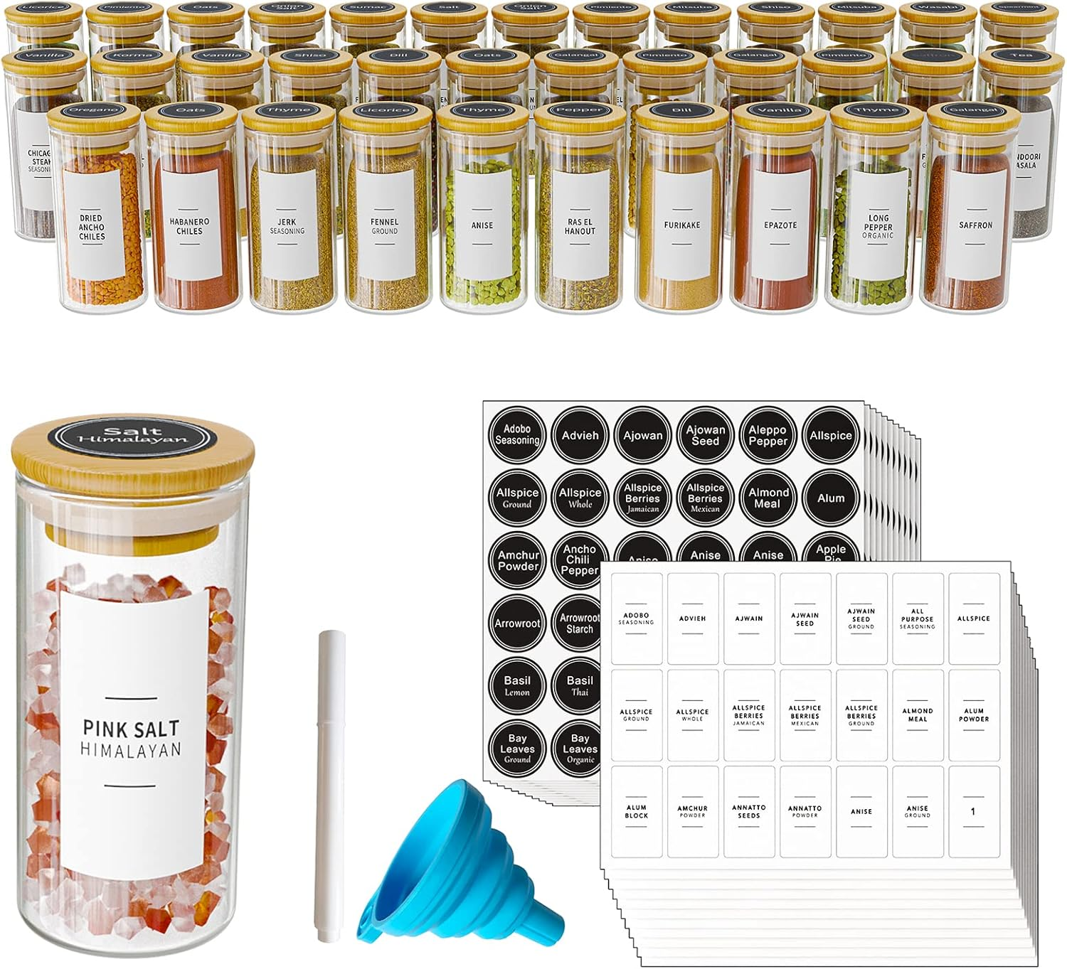 Spaceaid 36 Pcs Spice Jars with Bamboo Lids and Labels, Empty 4Oz Glass Spice Bottles, Minimalist Farmhouse Spice Labels Stickers with Funnel, Seasoning Containers for Spice Rack, Cabinet and Drawer image number 3