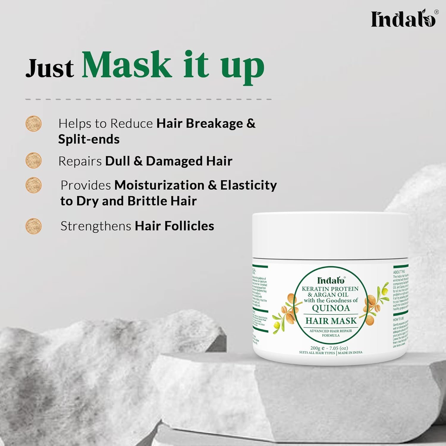 Indalo Professional Keratin Milk Protein - Collagen Argan Oil Hair Mask for Promotes Healthy, Long, Strong & Shiny Hair, Hair Growth | Quinoa Hair Mask with Keratin & Argan Oil for Women & Men(200Gm) image number 2