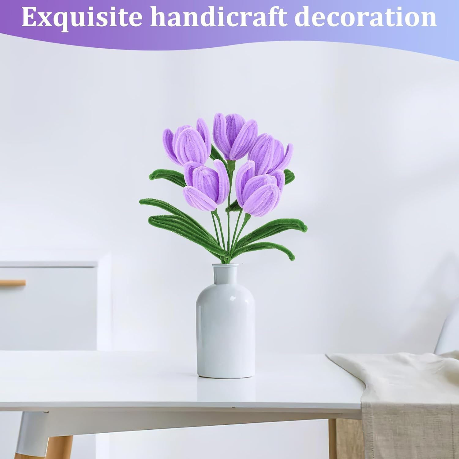 Fwqofvk Pipe Cleaner, Twisted Stick Bouquet with Tubular Cotton Swab Flower Stalk Gardening Tape Ribbon Creative DIY Kit, for DIY Art and Craft Creative Gift Party Decorations 30Cm (Purple) - Pink image number 4