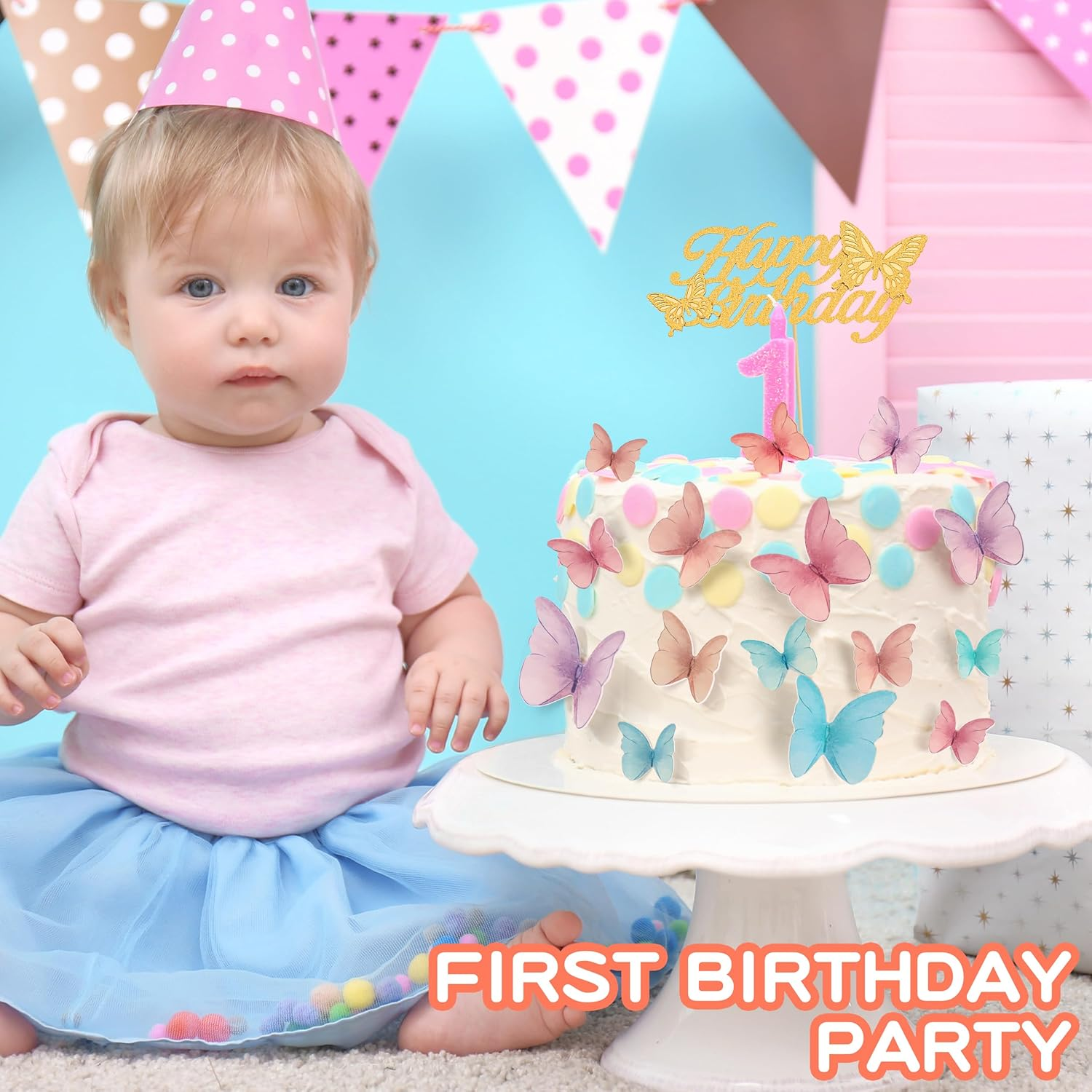 48 Pcs Edible Butterflies for Cake Decorations and 'Happy Birthday' Butterfly Cake Topper, 3D Wafer Paper Butterfly Cupcake Toppers and Cake Topper for Birthday Party Cake Decorations (Mixed Colour) image number 3