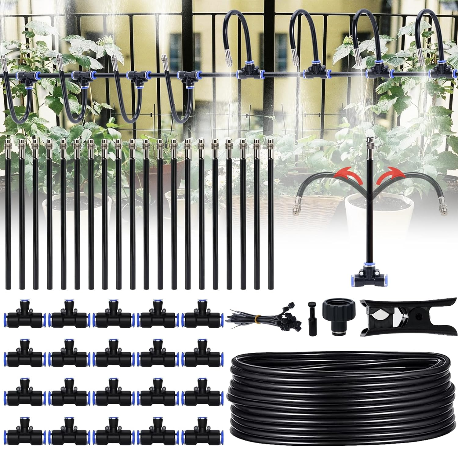 360&deg; Adjustable Drip Irrigation System - 115FT Garden Watering System with 30 Nozzles, Garden Irrigation Kit, Misting System for Yard, Lawn, Plants, 12Mm Hose image number 1