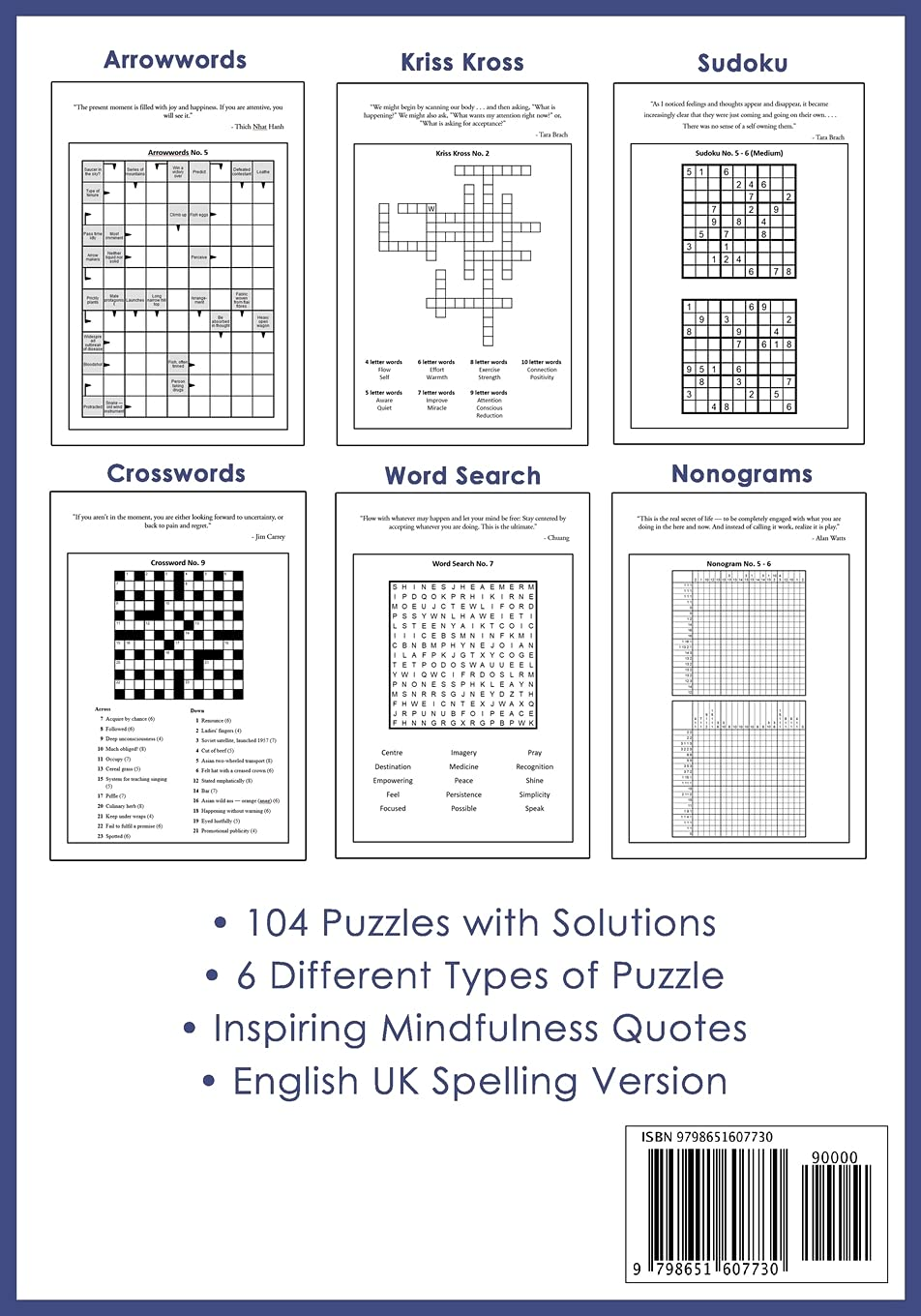 Mindfulness Puzzle Book for Adults: Mixed Activity Puzzlebook | 104 Relaxing Puzzles with Inspiring Mindful Quotes (UK Version) image number 1
