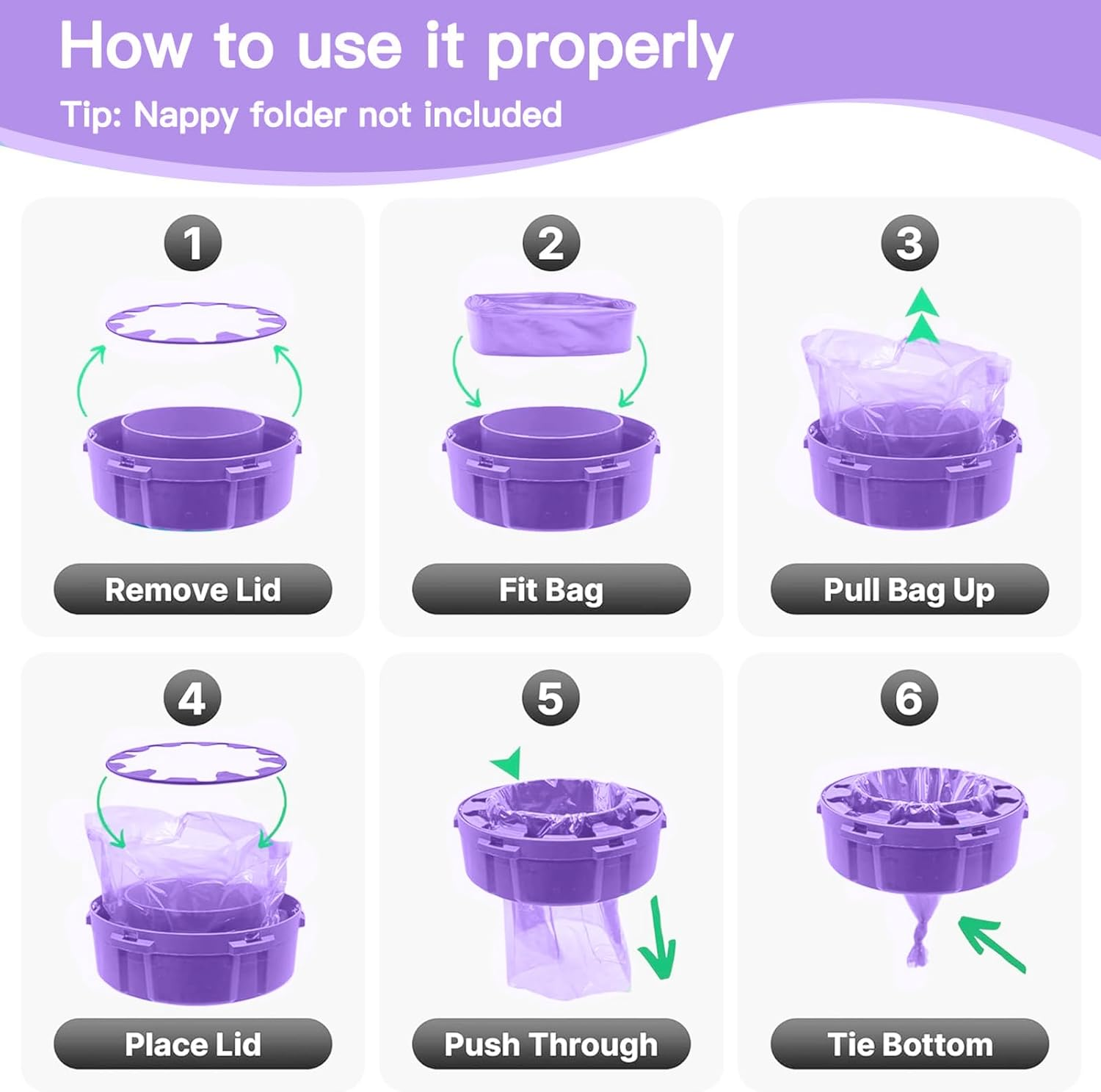 12-Pack Nappy Bin Refill Bags, 4.5M Baby Diaper Bucket Bag Liner Bucket, Eco-Friendly Odor-Proof Diaper Refill Box,Compatible with Angelcare/Tommee Tippee Twist & Click Sangenic (Purple) image number 4