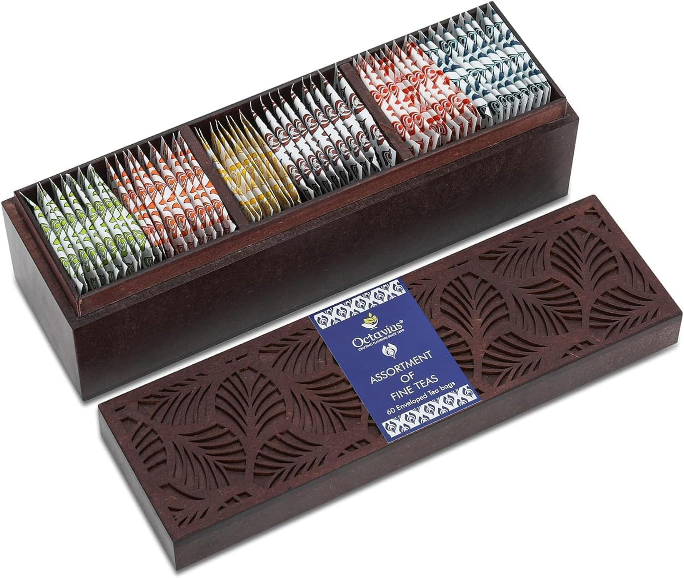 Octavius Assorted Black & Green Tea Sampler Gift Set (6 Flavors, 60 Teabags) | Wooden Tea Box with Leafcut Design | Tea Variety Pack | Gifts for Women & Men | Premium Tea Gift Set image number 5