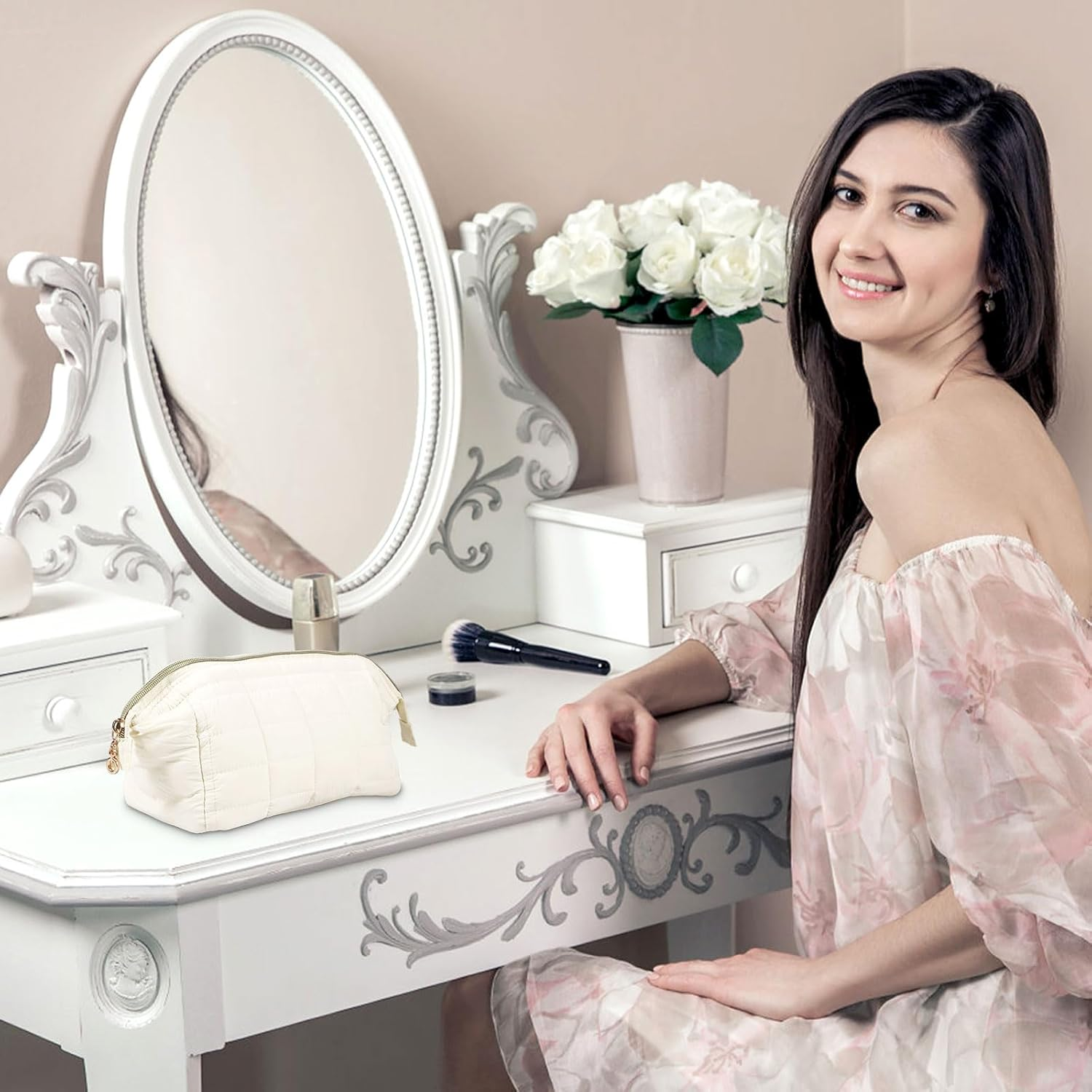 Makeup Bags, Large Capacity Travel Cosmetic Bag, Makeup Bags for Women, Lightweight Toiletry Travel Bag with 3 Inner Pockets, Travel Cosmetic Bags for Women Girls (Beige) - Black image number 4