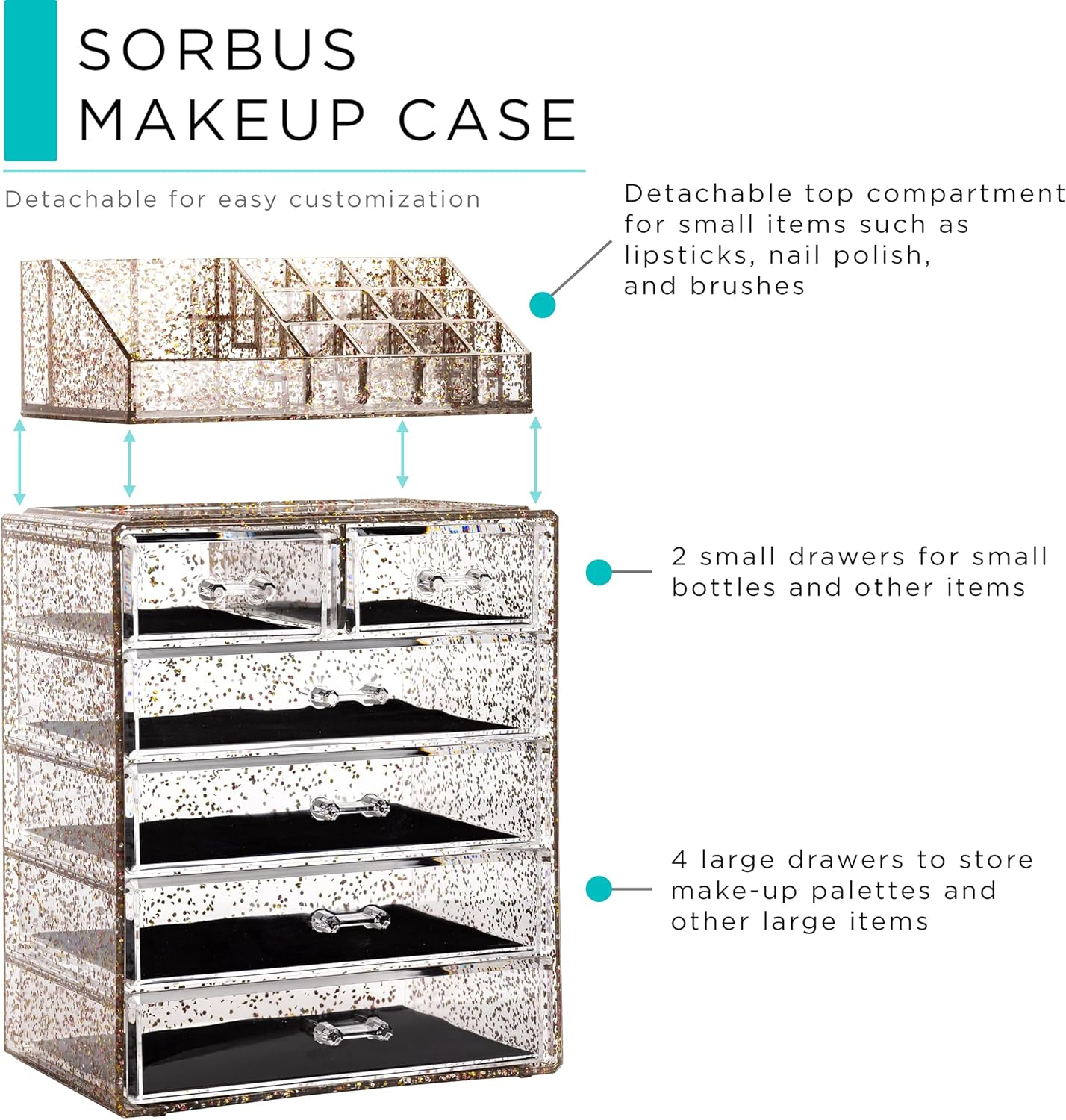 Sorbus Clear Cosmetic Makeup Organizer - Make up & Jewelry Storage, Case & Display - Spacious Design - Great Holder for Dresser, Bathroom, Vanity & Countertop (4 Large, 2 Small Drawers) [Glitter] image number 4
