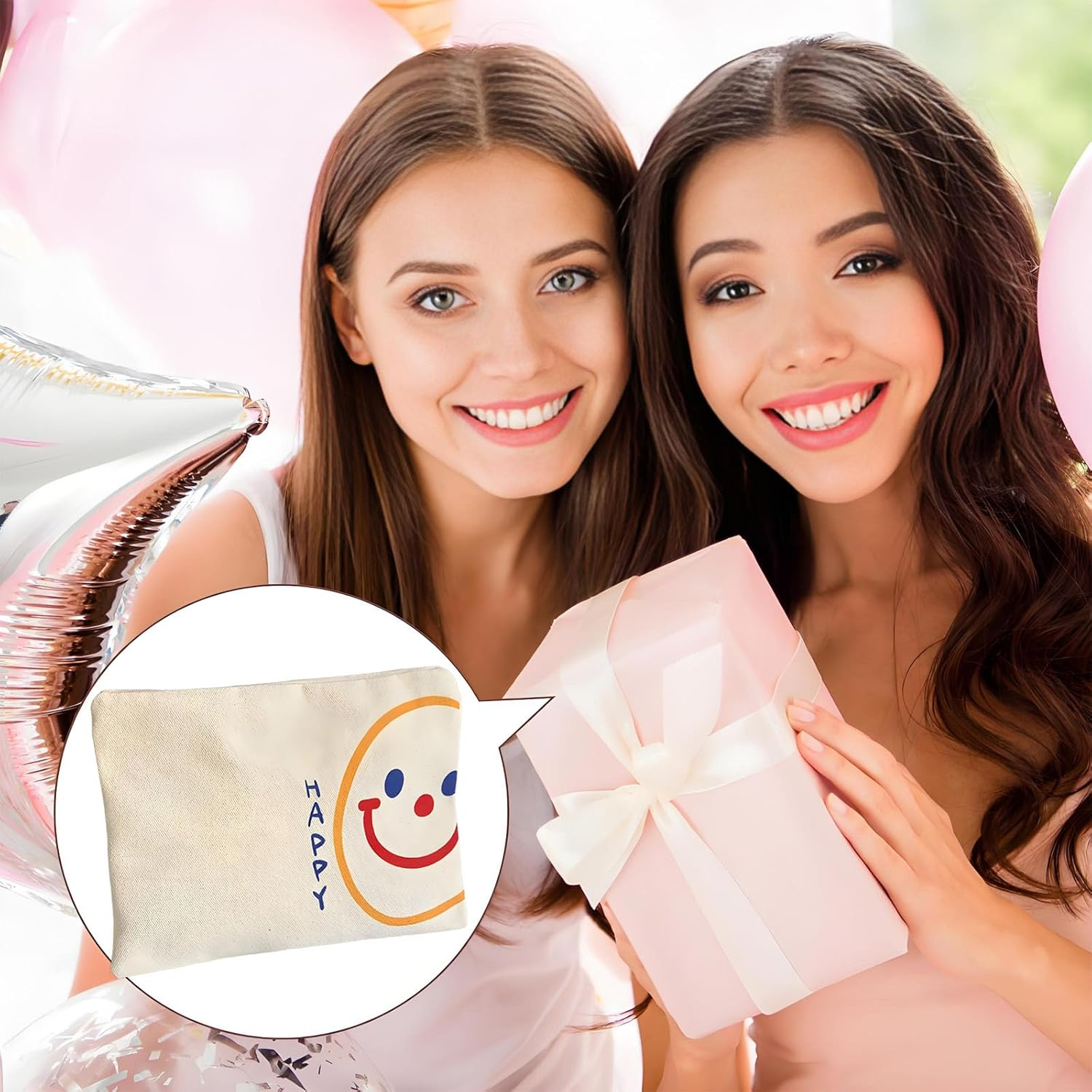 Pack of 2 Small Canvas Travel Cosmetic Bag, Portable Toiletry Bag, Makeup Bag, Multifunctional Makeup Bag with Zip, for Women, White 1, Mass Style image number 2