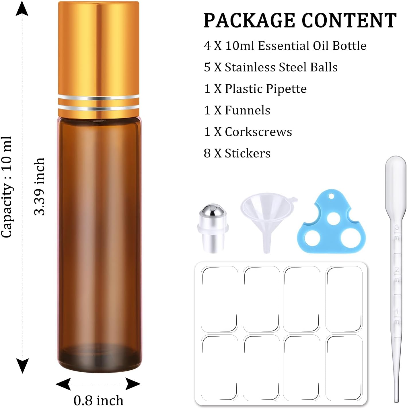 4 Pack, Essential Oil Roller Bottles, Amber Glass Roller Balls for Essential Oils, 10Ml Empty Rollerball Bottles for Travel Refillable Roll on Perfume Bottles with Caps image number 2