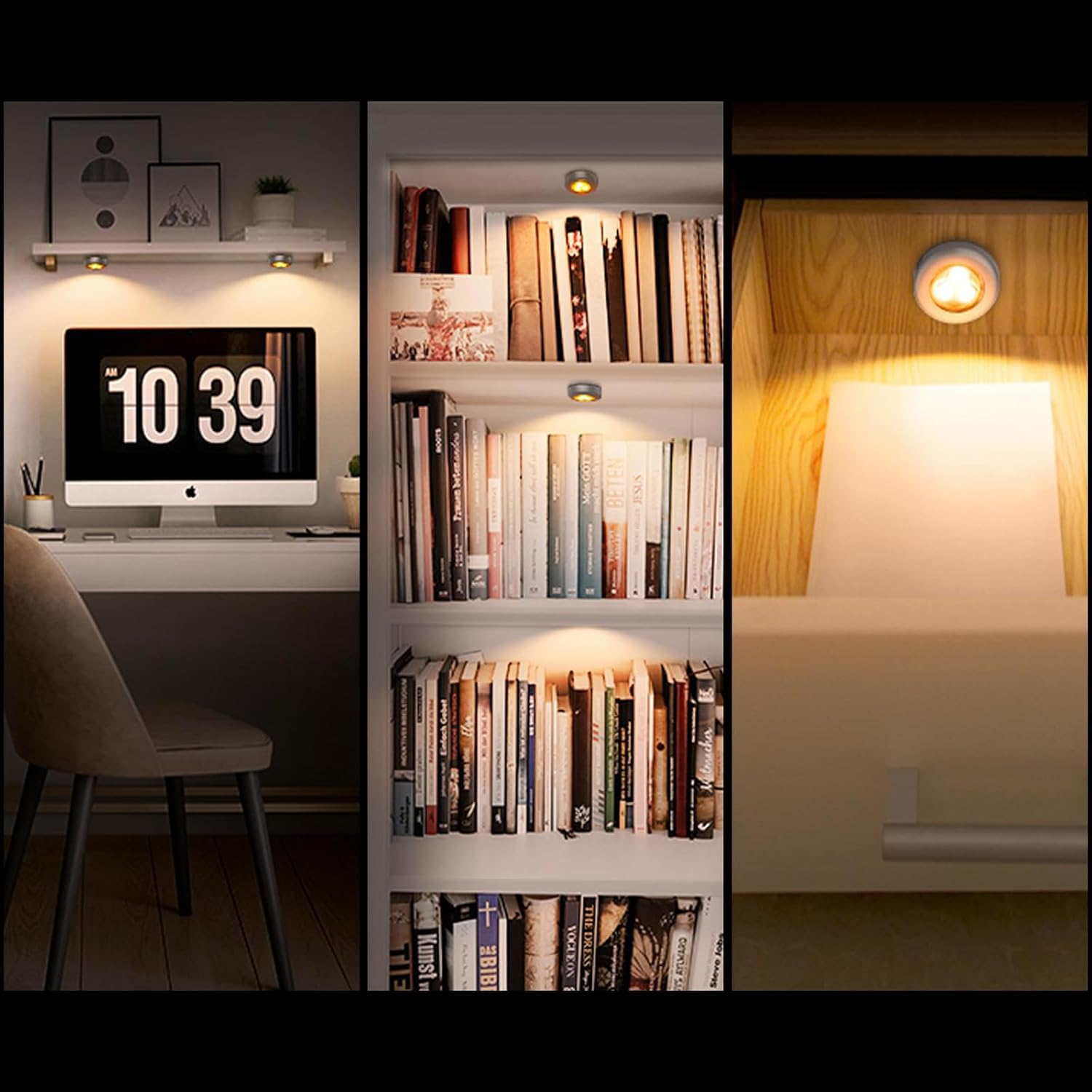 Komiyaa 6Pcs Mini Puck Lights, Portable under Cabinet Lighting, AAA Battery Operated LED Lights, Warm Lightings Touch Light Stick on Night Light, for Closet Counter Kitchen Cabinet RV Indoor Outdoor image number 3