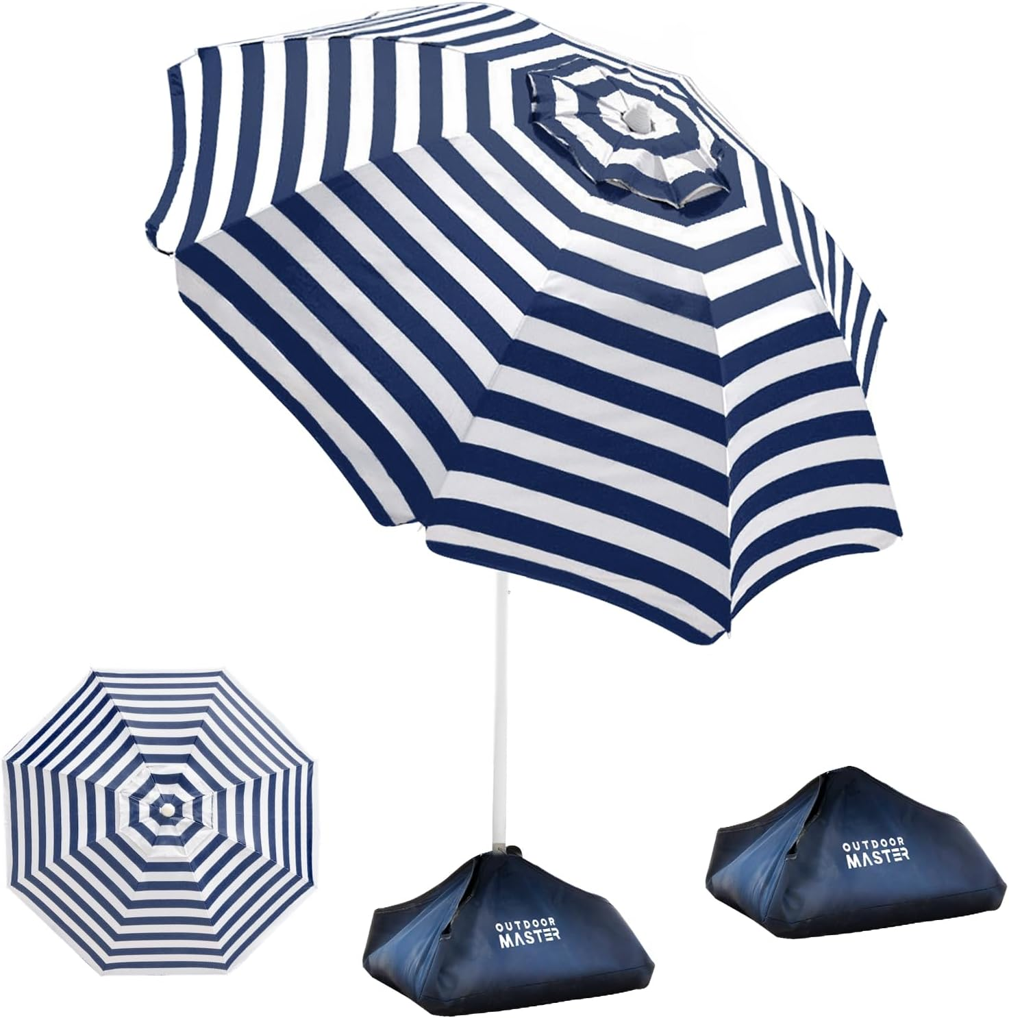 Outdoormaster Beach Umbrella with Sand Bag - 6.5Ft Beach Umbrella with Sand Anchor, UPF 50+ PU Coating with Carry Bag for Patio and Outdoor (A01 Navy Striped)