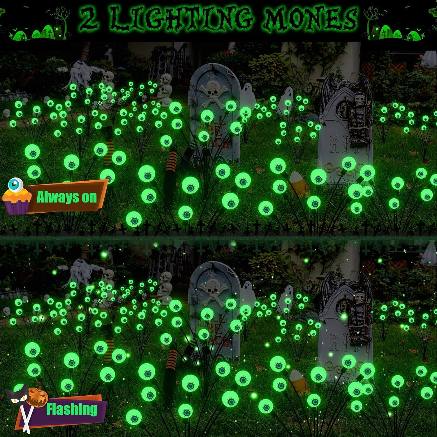 Augshy Halloween Decorations Outdoor, 2 Pack 16LED Solar Eyeball Pathway Lights, Scary Waterproof Solar Green Firefly Lights for Garden Lawn Yard Decor