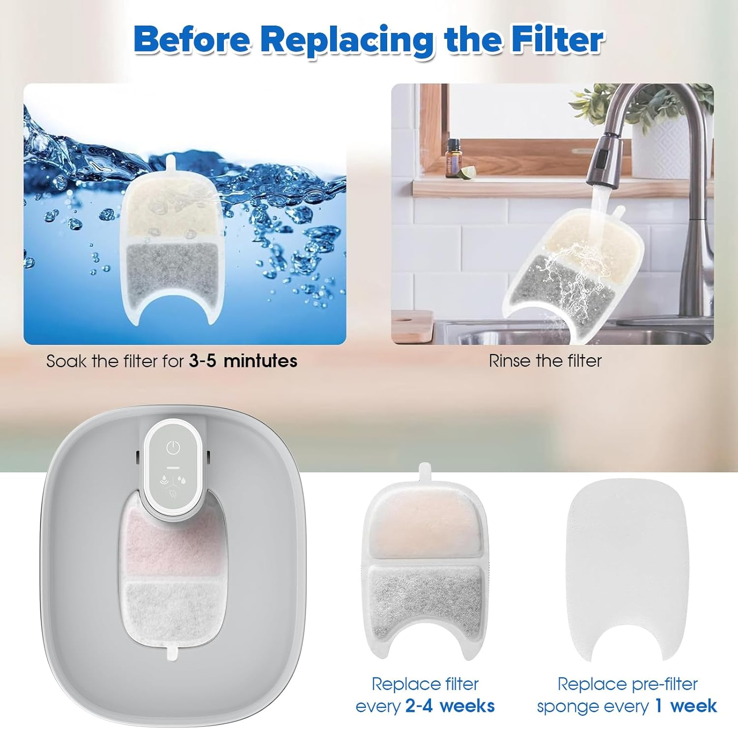 Wilreless 4L Cat Water Fountain Filter Replacement - 4 X Carbon Filter, 16 X Sponge Filter - Triple Filtration image number 3