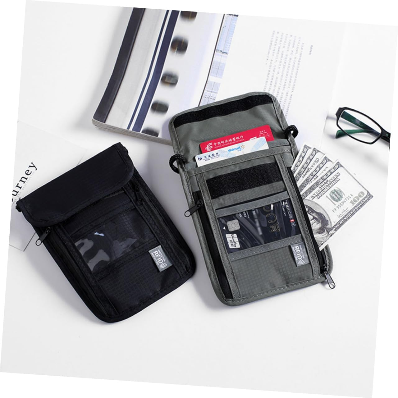 BUGUUYO Travel Wallet Neck Hanging Bag for Passport and Credit Cards Multipurpose Document Holder with Transparent Pocket Compact Shoulder Pouch for Men and Women Grey image number 2