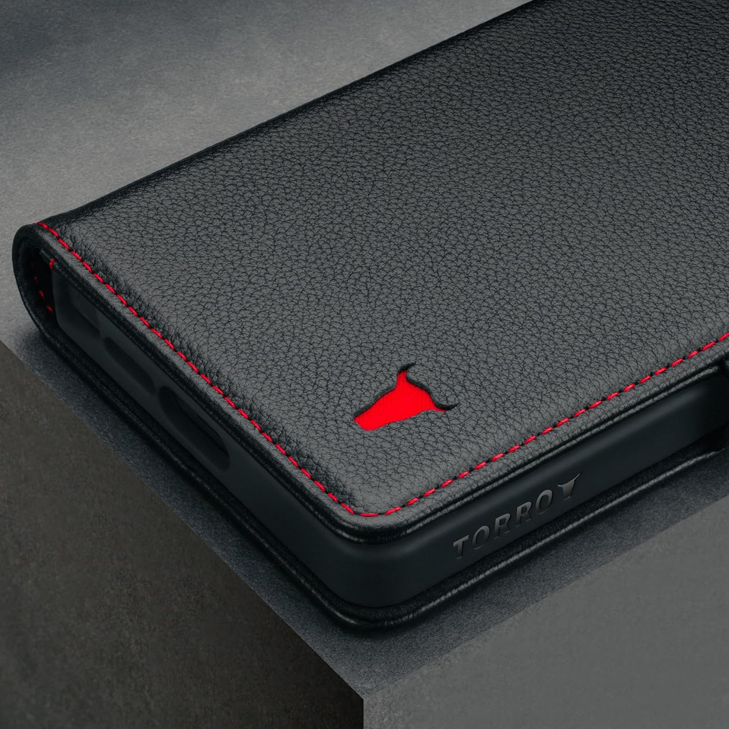 TORRO Leather Case Compatible with Samsung Galaxy S25 Ultra 5G 2025 &ndash; Premium Leather Wallet Case with Kickstand and Card Slots (Black) - Black With Red Detail image number 3