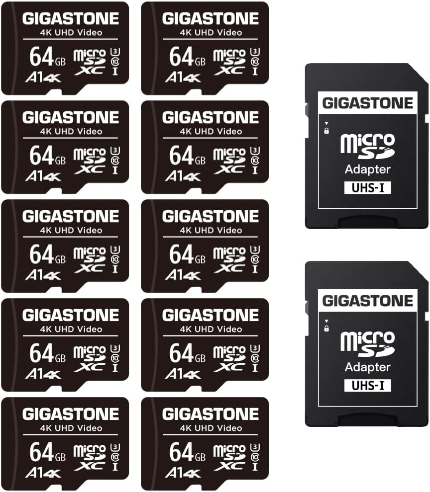 Gigastone 64GB 10-Pack Micro SD Card, 4K UHD Video, Surveillance Security Cam Action Camera Drone Professional, 90Mb/S Micro SDXC UHS-I A1 Class 10 image number 1