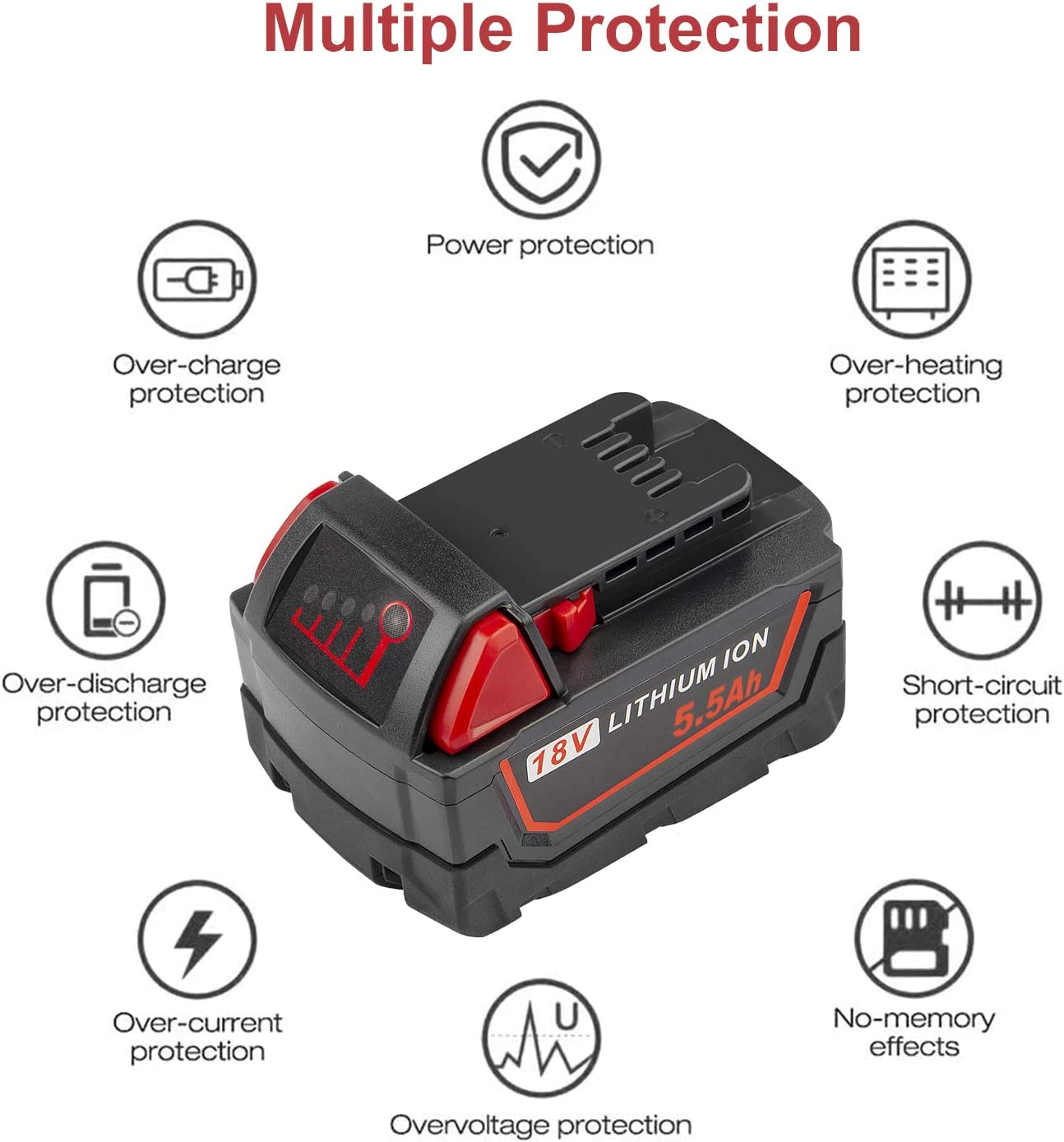 2 Pack 18V 5.5Ah for M18 Replacement Battery Compatible with Milwaukee Lithium Battery Power Tools 48-11-1820 48-11-1840 48-11-1850 48-11-1828 48-11-1815 Cordless Tool Batteries with LED Indicator image number 5