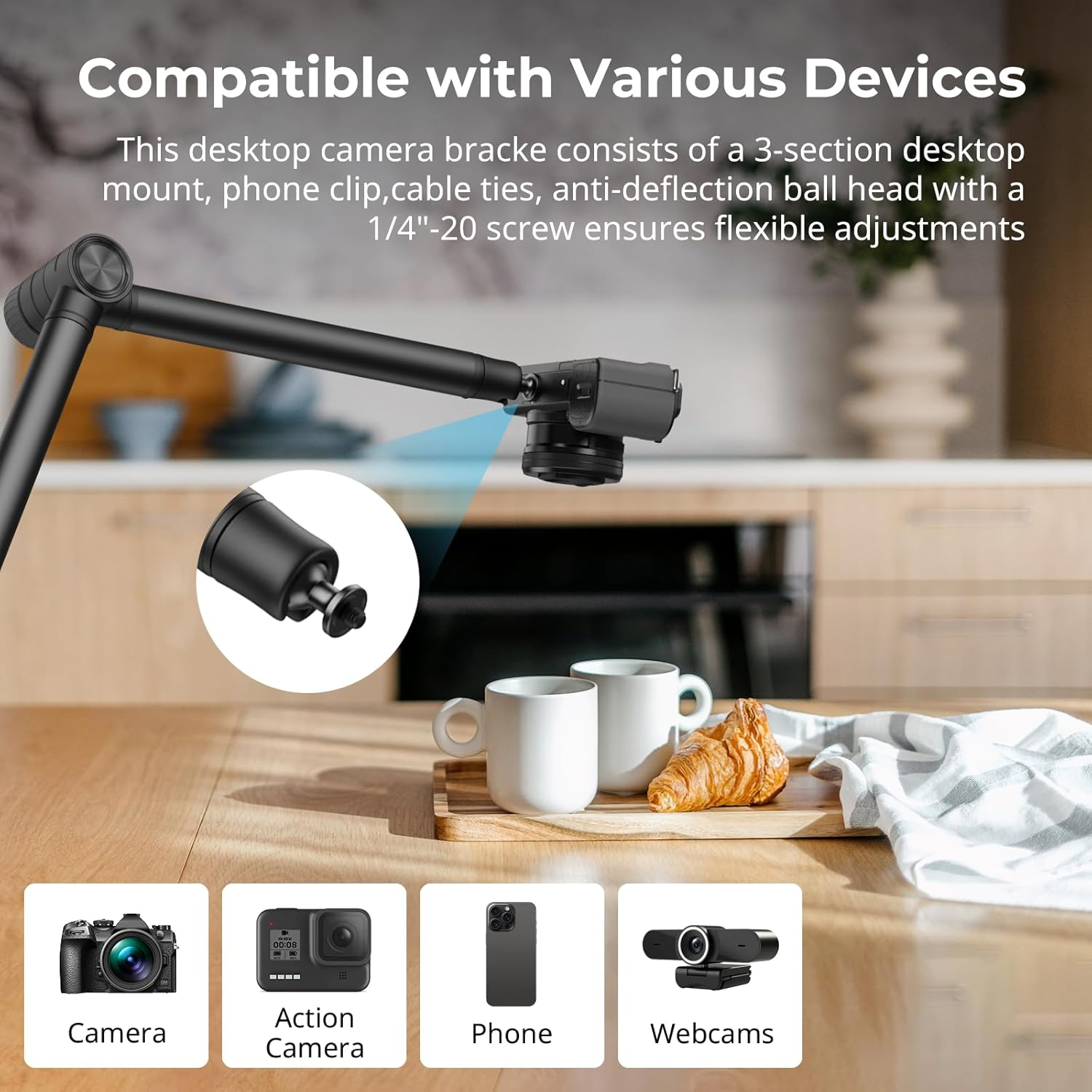 Smallrig Overhead 3-Section Desktop Camera Bracket, Damping Boom Arm Desk Mount with 360&deg; Rotatable Ball Head, Tabletop C Clamp, Max Load to 4.4Lbs / 2Kg for Photography Videography Live Stream - 4324 image number 5