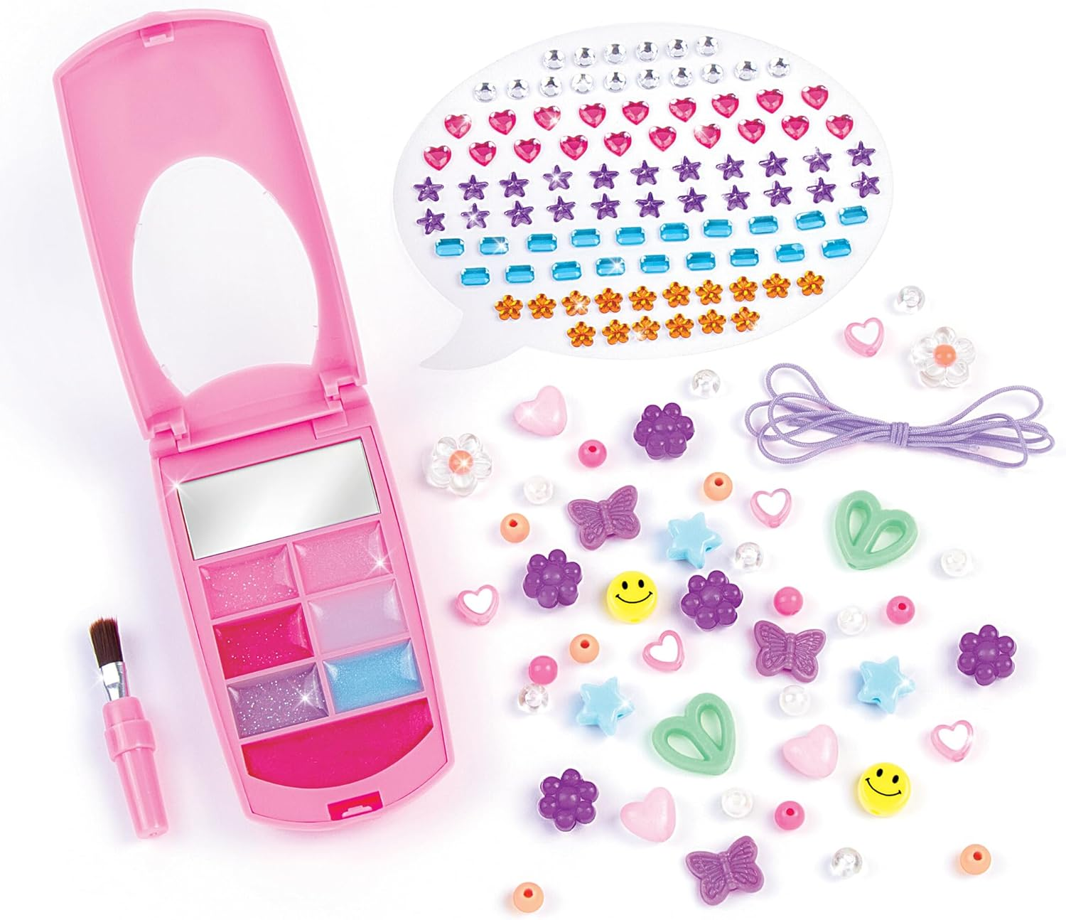 3C4G Make It Real Flip Phone Lip Gloss Set & DIY Lanyard - 7 Strawberry-Scented Lip Gloss Colors - Decorate with Gems & Stickers - Fun Makeup Kit for Girls for Kids Ages 6+