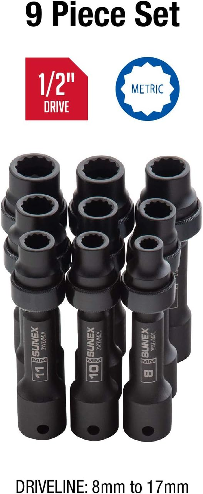 SUNEX TOOLS 2695, &frac12; Inch Drive Driveline Limited Clearance Socket Set, 12-Point, 9-Piece, Metric, 8Mm-17Mm, Cr-Mo Steel, Heavy Duty Storage Case