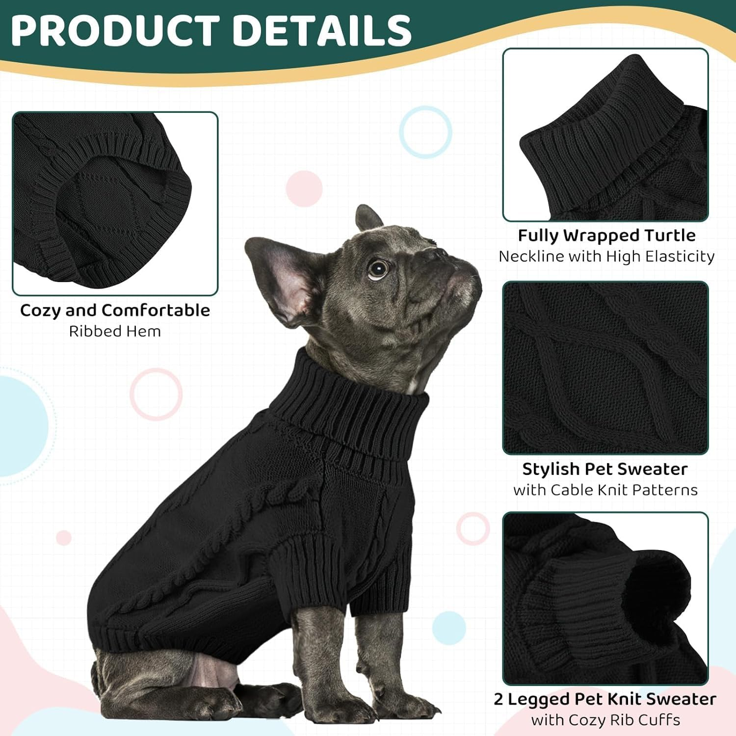 Dog Sweaters 2-Pack Australia - Warm Knitted Turtleneck Jumpers for Small Dogs & Cats Winter Pet Clothes Set | Machine Washable | Striped Design | Perfect for Aussie Climate(Black-S) image number 7