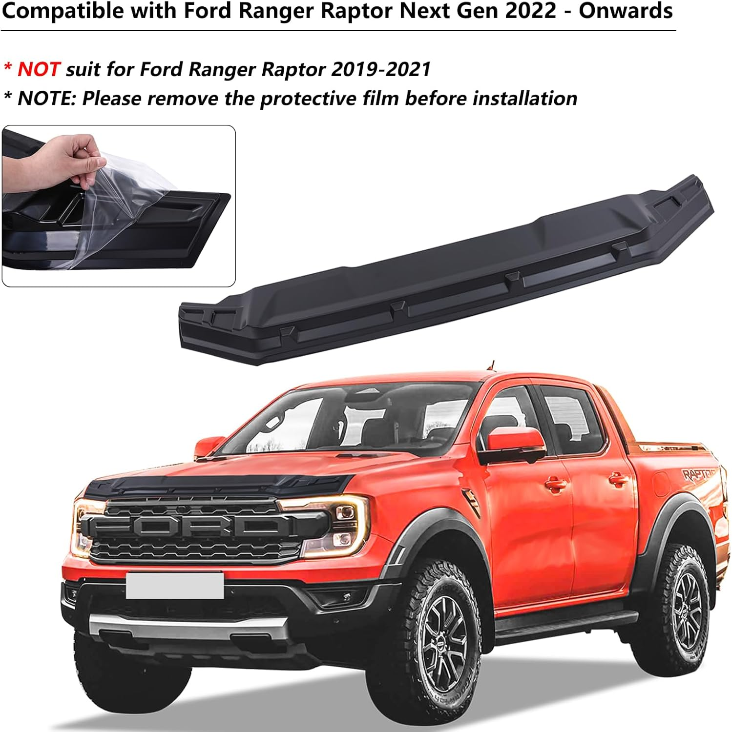 SUERAUTO4X4 for Ford Ranger Raptor Next Gen 2022 2023 2024 2025 Bonnet Protector Guard Trim Accessories, ABS Matte Black Bonnet Hood Protector Stone Guard Trim Cover image number 2