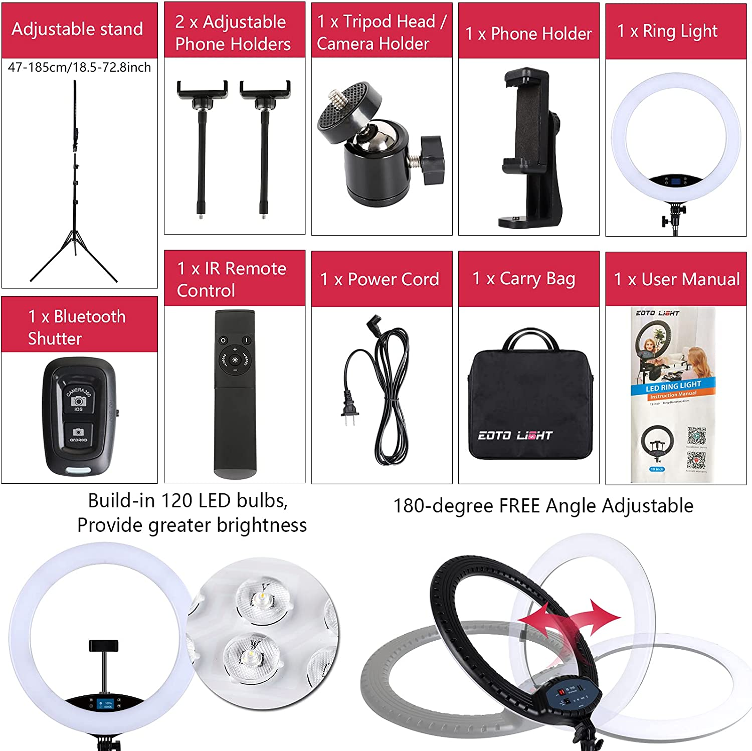 19 Inch LED Ring Light with Tripod Stand Selfie Ring Light, LCD Display Touch Screen, Dimmable Light for Makeup Studio Portrait Vlog Video Shooting with Carrying Bag and Remote Controller, CRI>97&hellip; image number 4