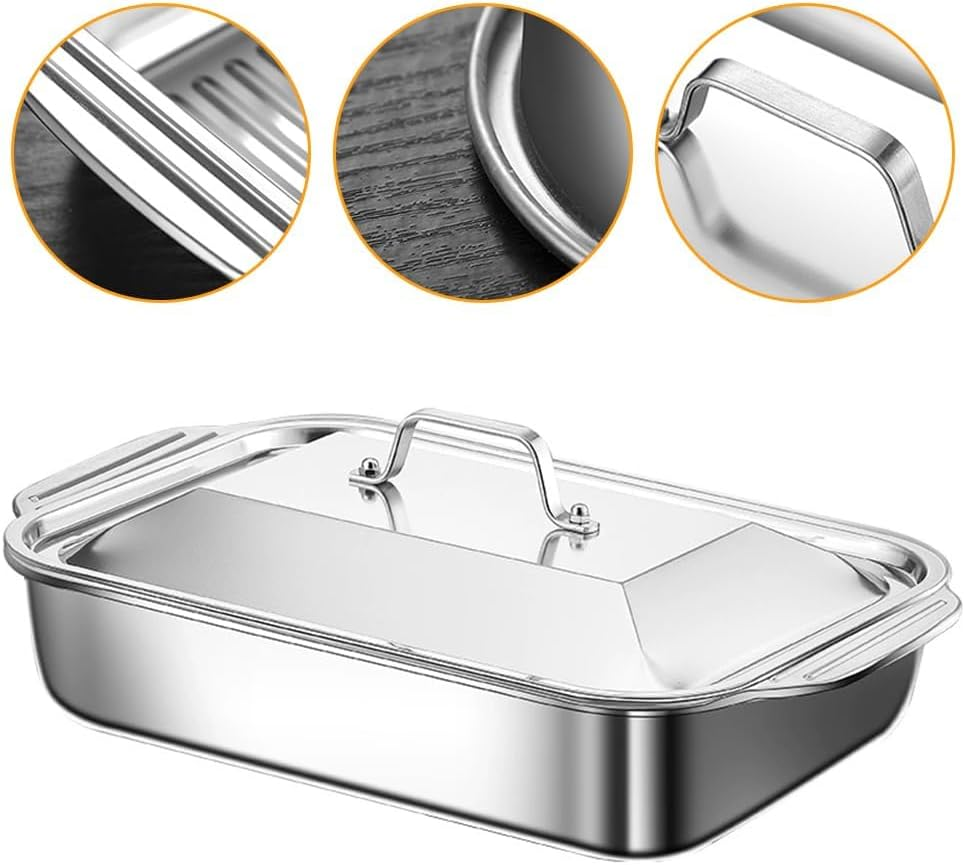 Stainless Steel Grill Pan with Lid, Deep Square Roast Pot, Commercial-Grade Fish Bake Boiler, Large Toast Seafood Caldron for Fish, for Oven/Stovetop/Bbq（41X21X8Cm） image number 3