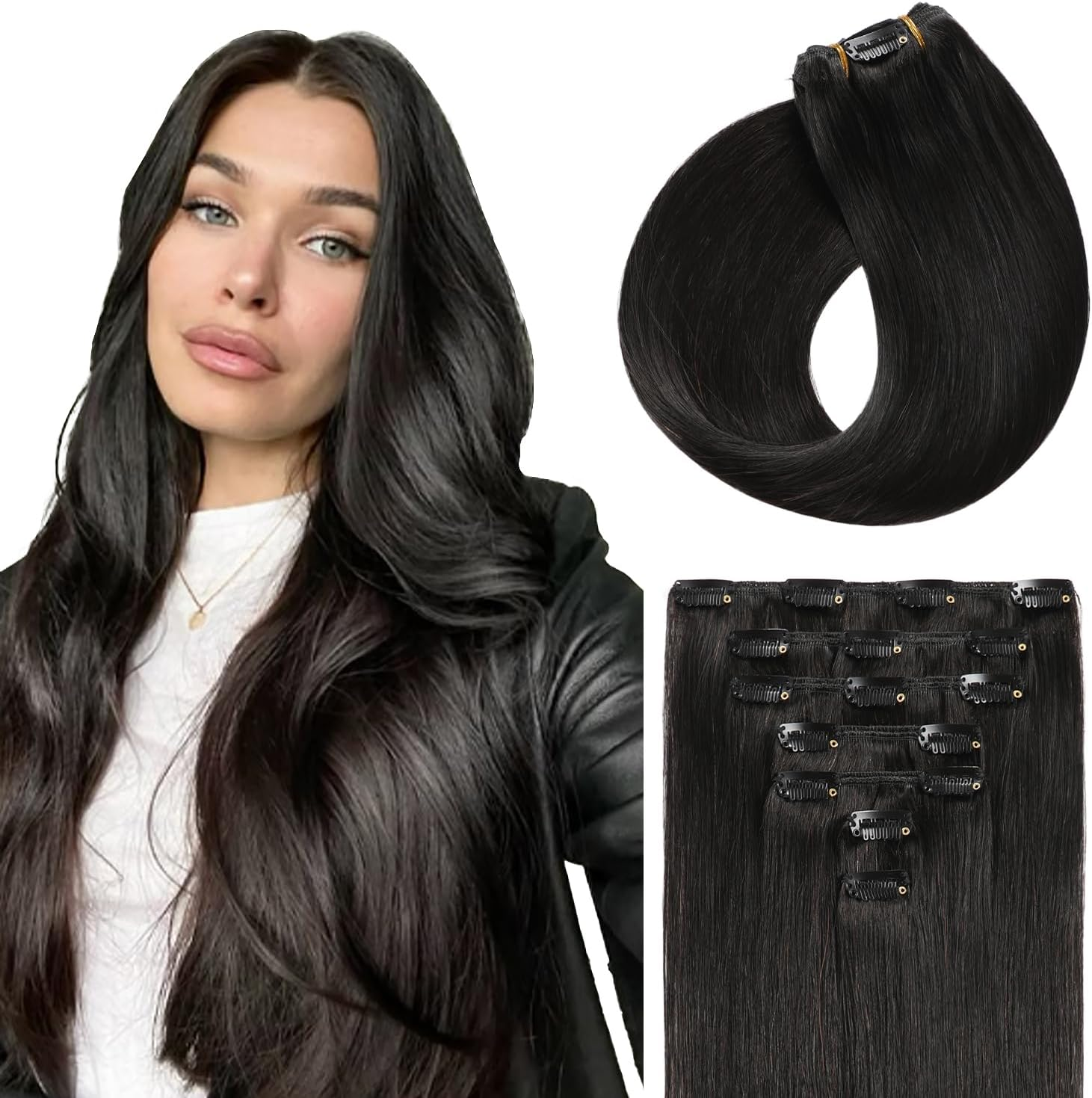 Sunya Clip-In Real Hair Extensions, Burgundy Real Human Hair Extensions, Invisible, 45 Cm, Semaless Clips, 7 Pieces, 80 G/Pack, #99J
