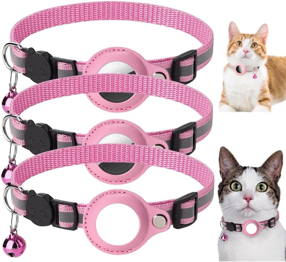 3 PCS Airtag Cat Collars, Reflective Kitten Collar with Breakaway Bell, Dog Collar Accessory with Safety Buckle for Apple Air Tag, Cat Collar Waterproof Airtag Holder Quick Release for Puppy (PK)