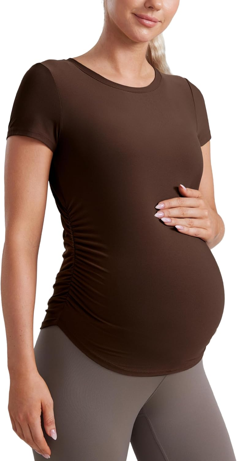 CRZ YOGA Cloudweight Maternity Shirts for Women Pregnancy Short Sleeve Side Ruched Tops Soft Yoga Casual Athletic T-Shirts