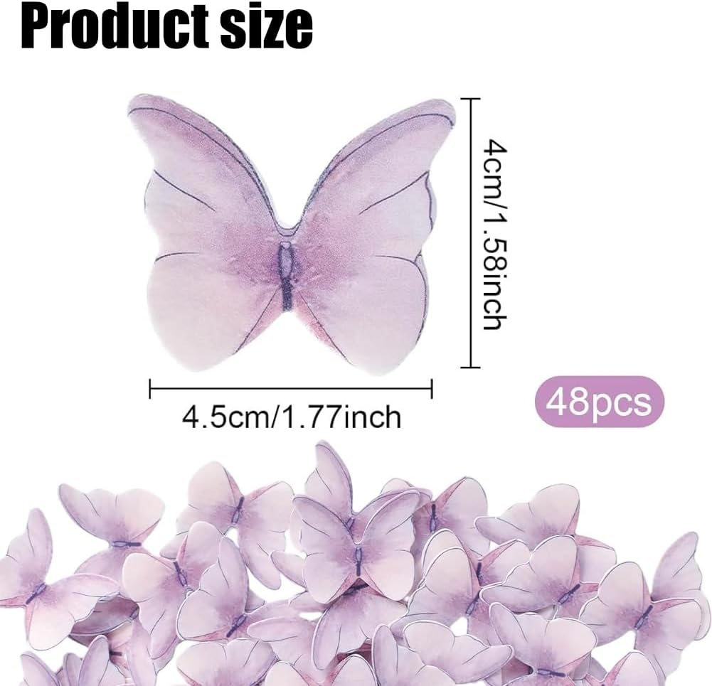 Edible Butterflies Cake Decorations,Geli 48 Pcs Purple Butterfly Cake Cupcake Toppers Wafer Paper Butterfly for Wedding Birthday Party image number 5