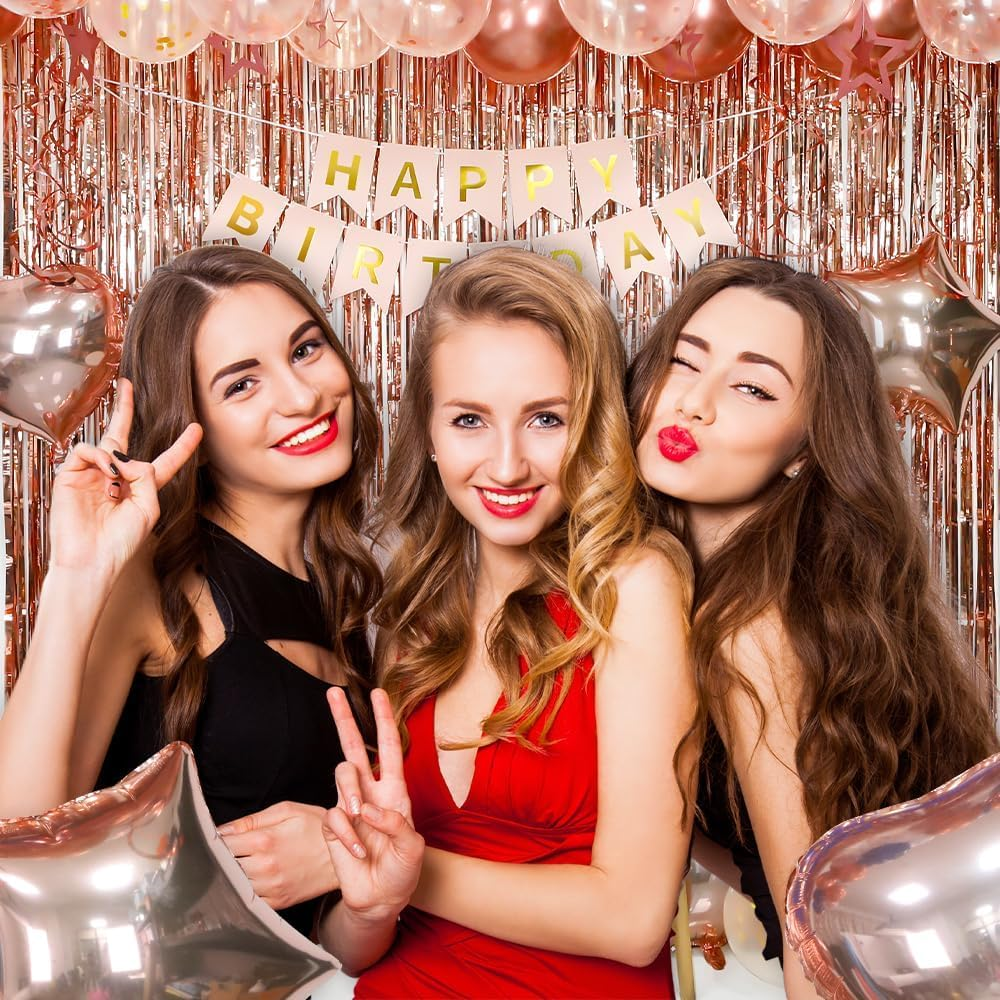 Happy Birthday Decorations for Women Rose Gold Birthday Decorations Happy Birthday Banner Fringe Curtain Butterfly Hanging Swirls Party Decorations for Girls Cupcake Toppers Foil Confetti Balloons - Blue Pink image number 7