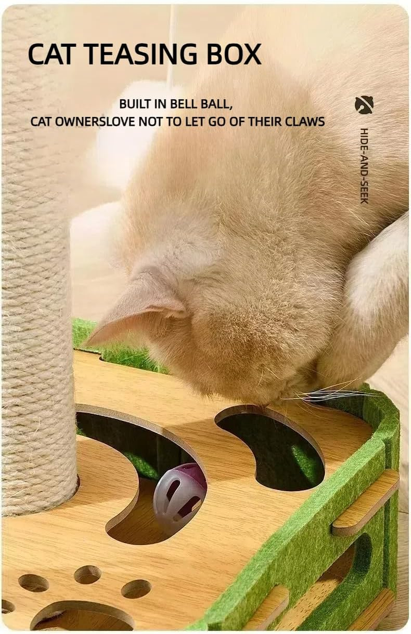 Cat Scratcher with Sisal Post and Interactive Maze Box &ndash; Rotating Teaser Wand, Wooden Base + Felt Material Puzzle Toy for Indoor Cats Play, Base Size 11.8"*11.8" (30 * 30Cm) Height 13.5" (35Cm) image number 3