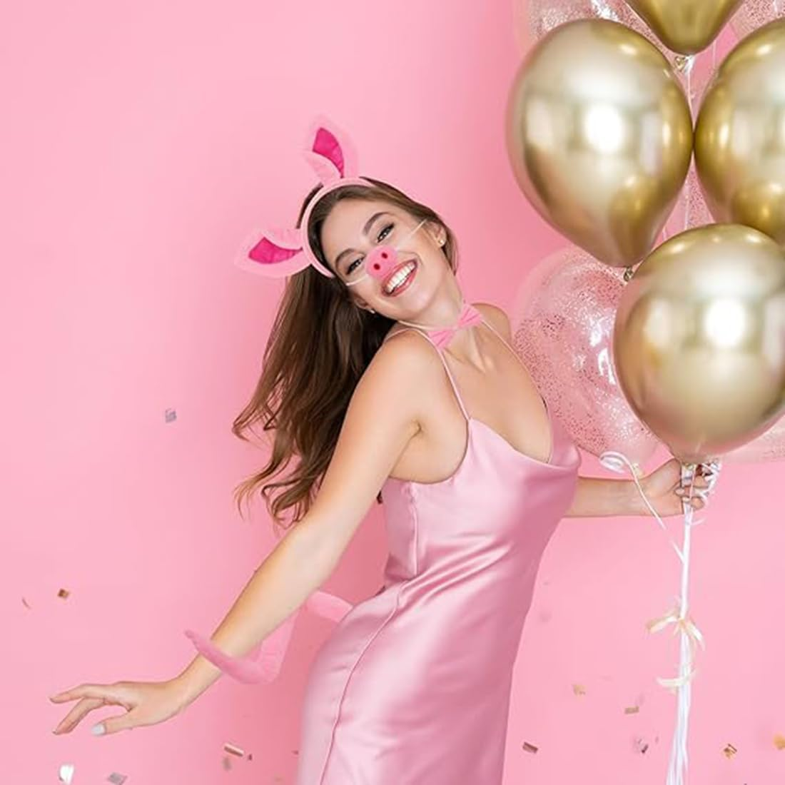 Pig Costume Set, Pig Ears Headband Pig Tail Nose Bow Tie, Animal Fancy Dress Party Accessories for Kids Adult Halloween Birthday Christmas Cosplay Dress up Party Decoration (Pink) image number 1