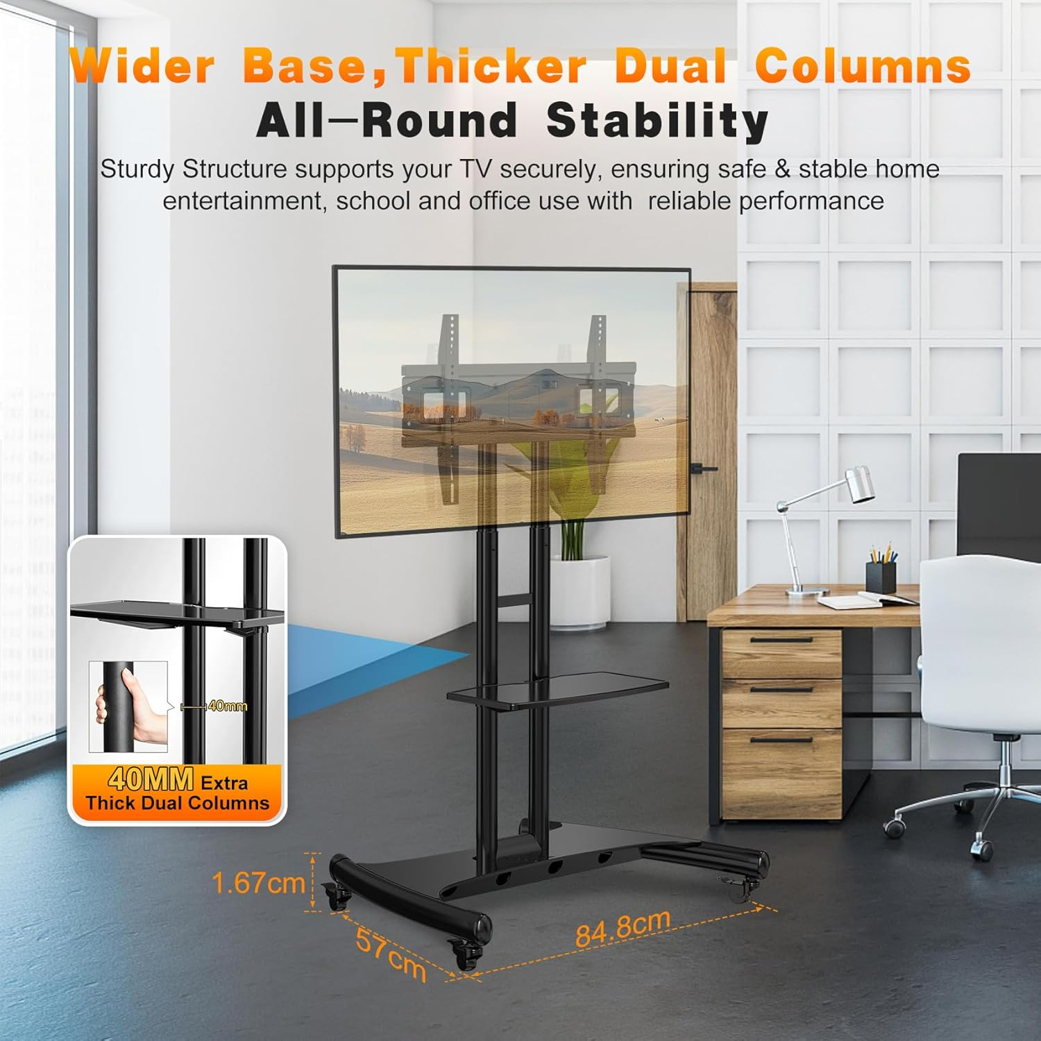 NB North Bayou TV Floor Stand with Wheels, Universal Rolling TV Cart with Storage Shelf - Height Adjustable TV Stand Trolley for 75 65 55 40 32 Inch Tvs for Home Office, Max Load 45.5KGS