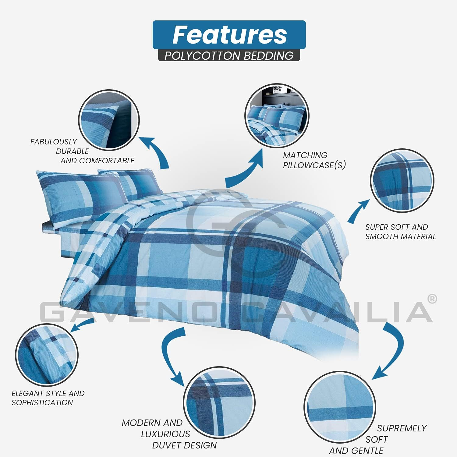 Gaveno Cavailia Premium Bedding Set and Pillowcases, Easycare Reversible Quilt Duvet Cover, Waverly Check Blue, Double Size, 50% Polyester & 50 Cotton image number 2