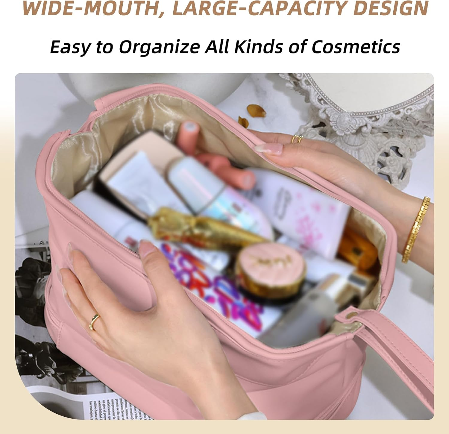 JZS Large Capacity Makeup Bag Ladies Cosmetic Bag Travel Bag with Compartments Portable PU Leather Travel Makeup Bag with Handle Pink - Pink image number 3