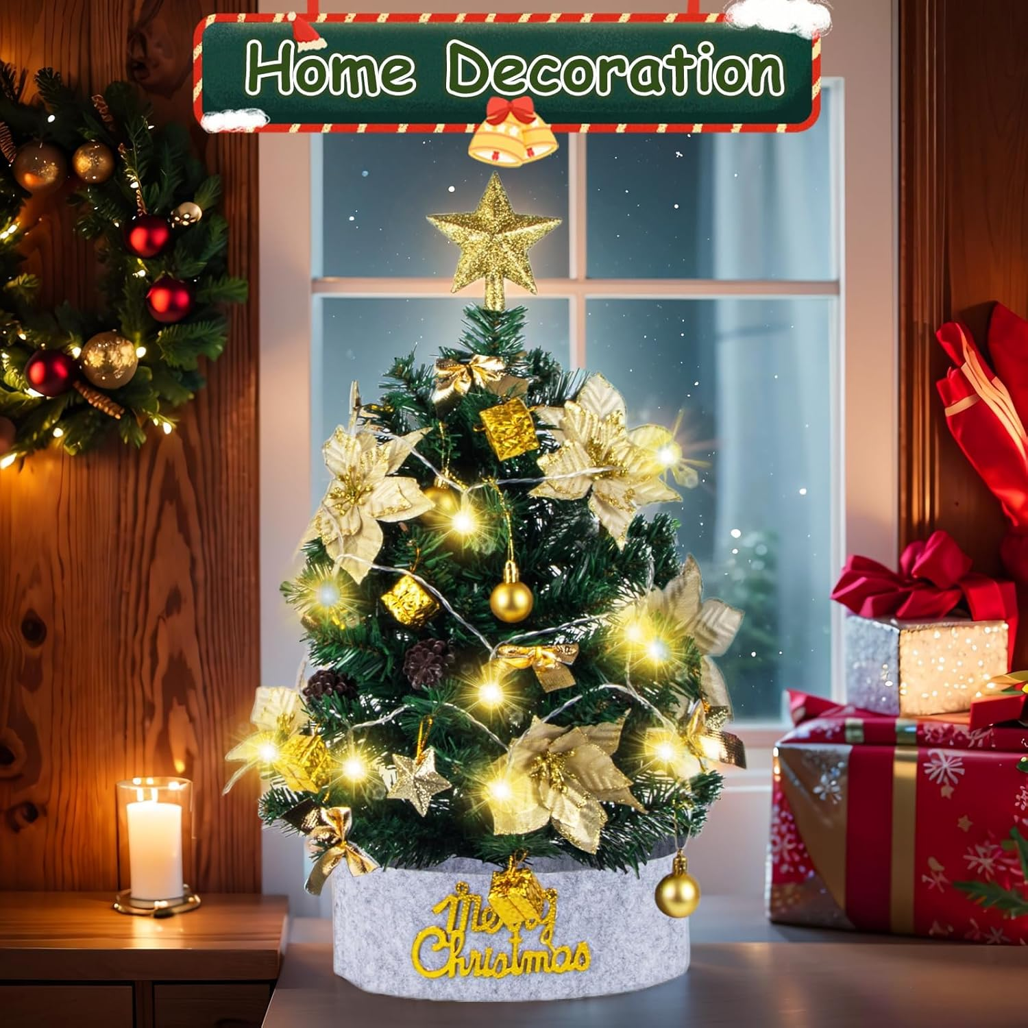 Ninonly 60CM Mini Christmas Tree with 20 LED Lights, Artificial Small Tabletop Flocked Christmas Tree with Star Tree Topper, Flower, Gift Box, Ball, Xmas Tree Decorations for Christmas Decor image number 2