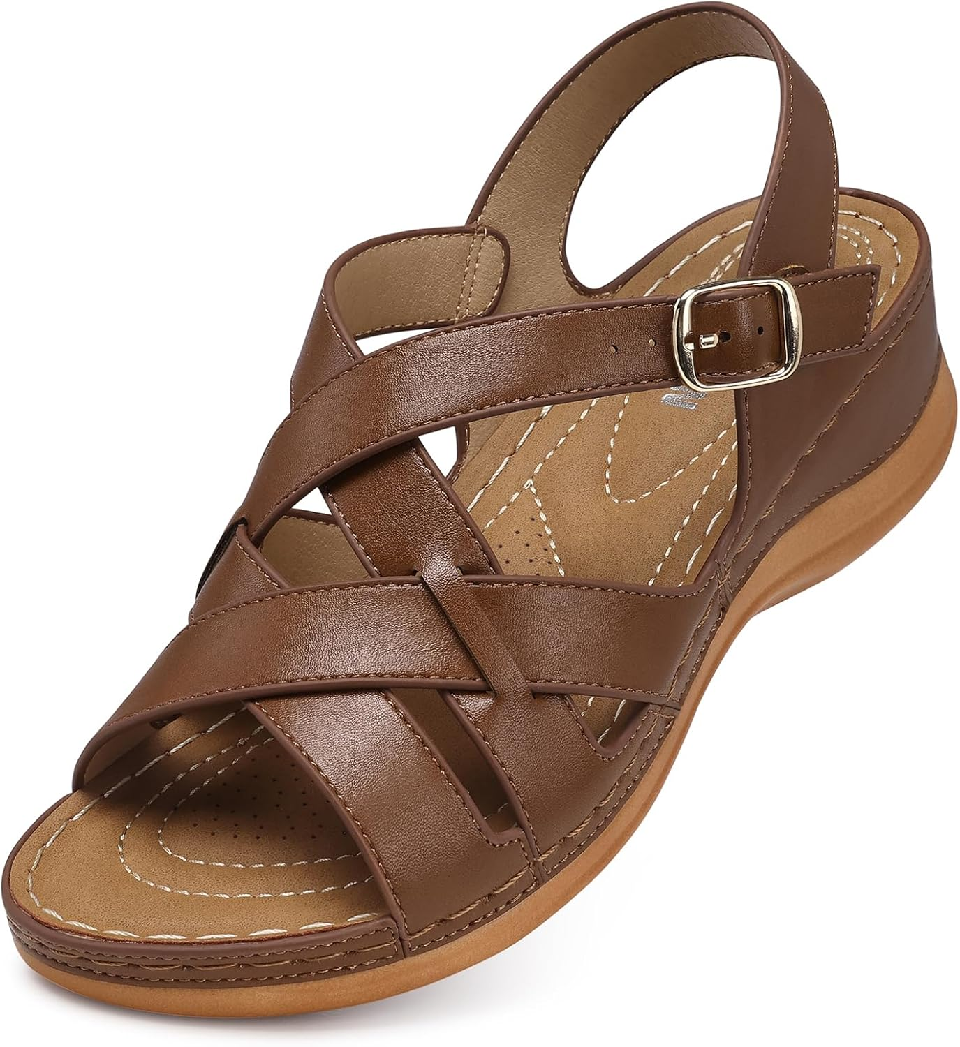 TEMOFON Flat Women Sandals Wide: Black Brown White Leather Summer Sandal - Rubber Sole - Dressy Comfortable Walking Sandal Size 5-11